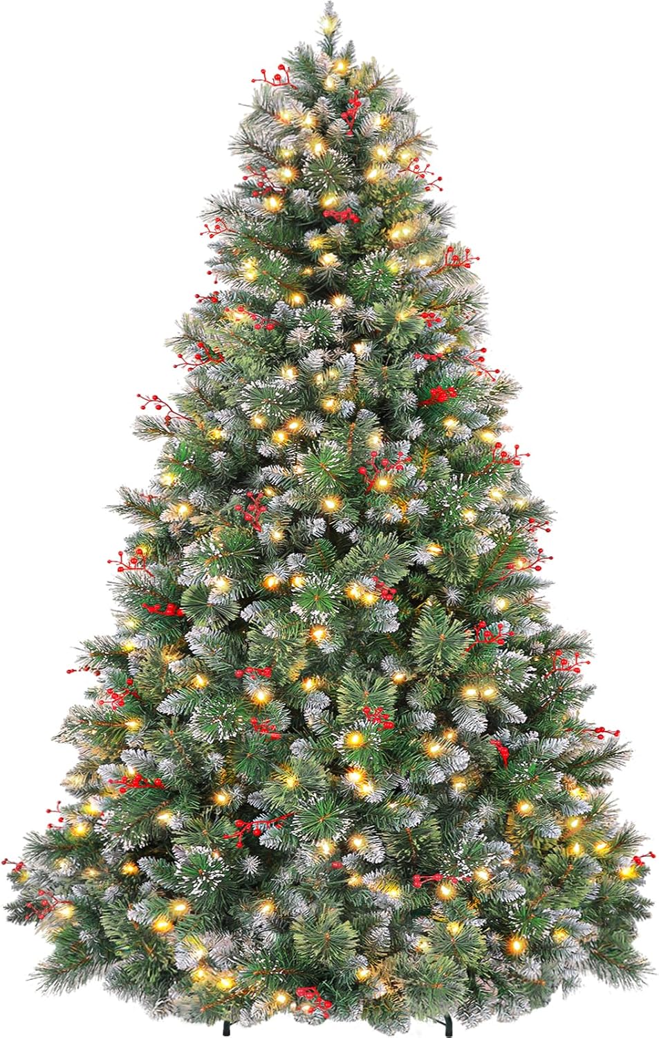 Hykolity 7.5 ft Prelit Artificial Christmas Tree, Partially Frosted Christmas Pine Tree with Red Berries, 350 Warm White Lights, 1372 PVC Branch Tips, Metal Stand and Hinged Branches