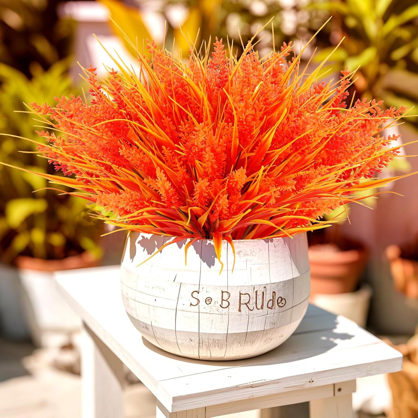 Geegoods 24 Bundles Artificial Fall Flowers Outdoor – Faux Lavender Flowers with Monkey Grass UV Resistant Plastic Faux Plants for Garden Porch Patio Home Decor, Autumn Color