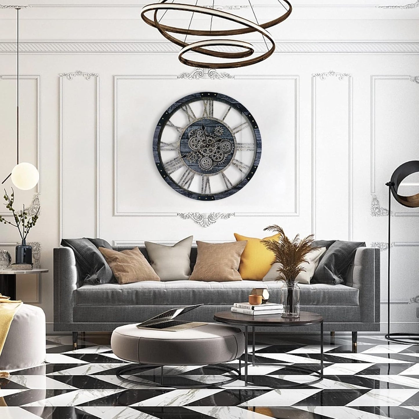 30 Inch Industrial Steampunk Wall Clock, Gray, Battery Operated, Real Rotating Gears, Solid Wood Frame, Oversized Wall Clock for Living Room Decor