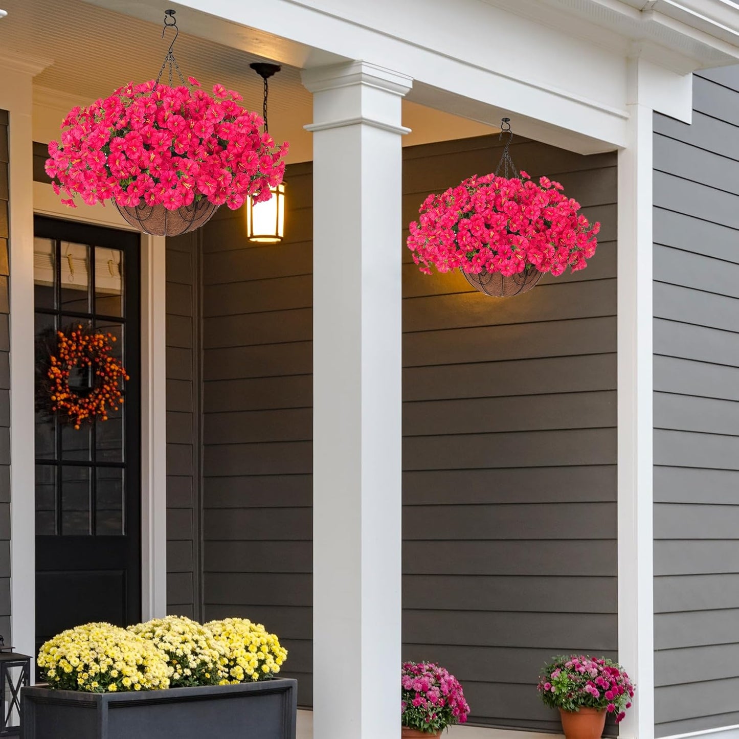 Artificial Faux Hanging Plants Flowers Basket for Outdoor Outside Spring Summer Decoration, Silk Morning Glory in Planter UV Resistant Look Real Fake Flower for Porch Patio Balcony Home Yard, Hot Pink