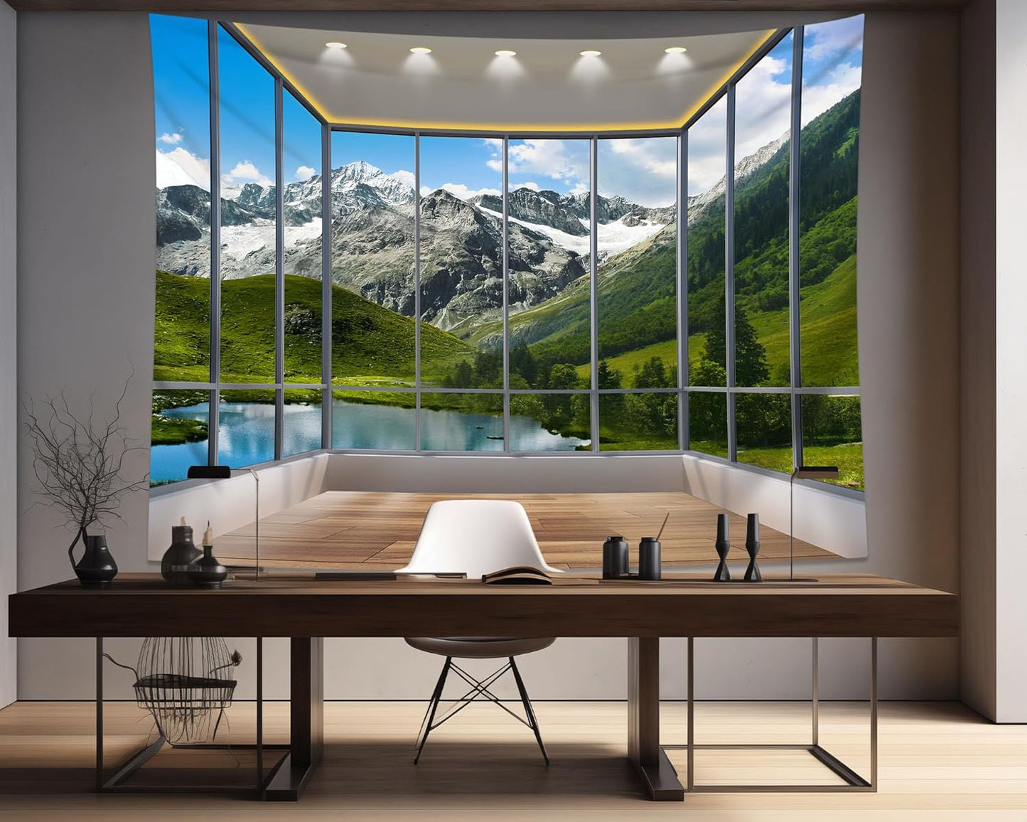 dueeia Window Tapestry Wall Hanging Mountain Forest Lake Nature Landscape Wall Tapestries for Bedroom Office Living Room Wall Decor (90.6"x70.9")