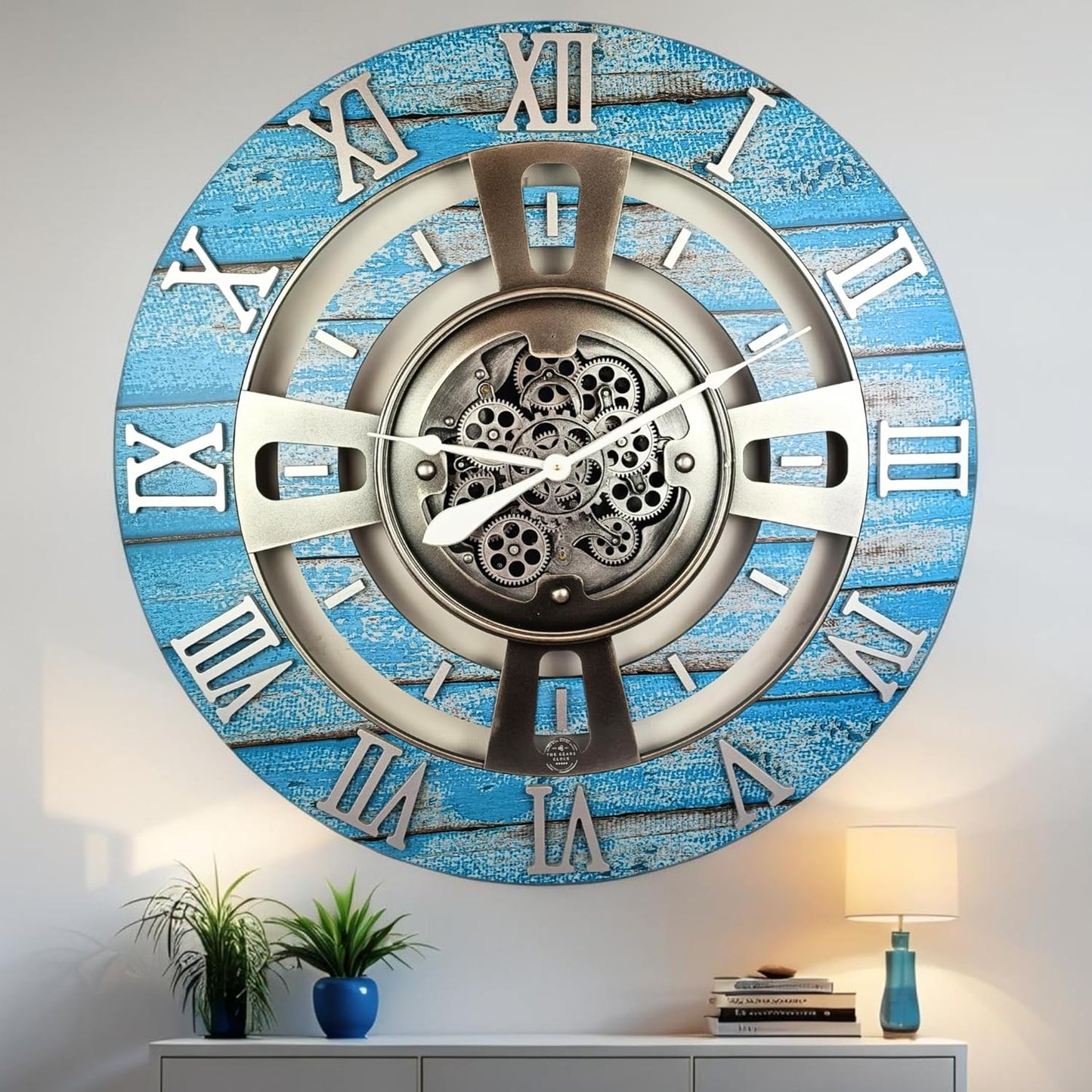The Gears Clock Real Moving Gear Wall Clock England Line (Ocean Blue, 36 inches (90 cm))