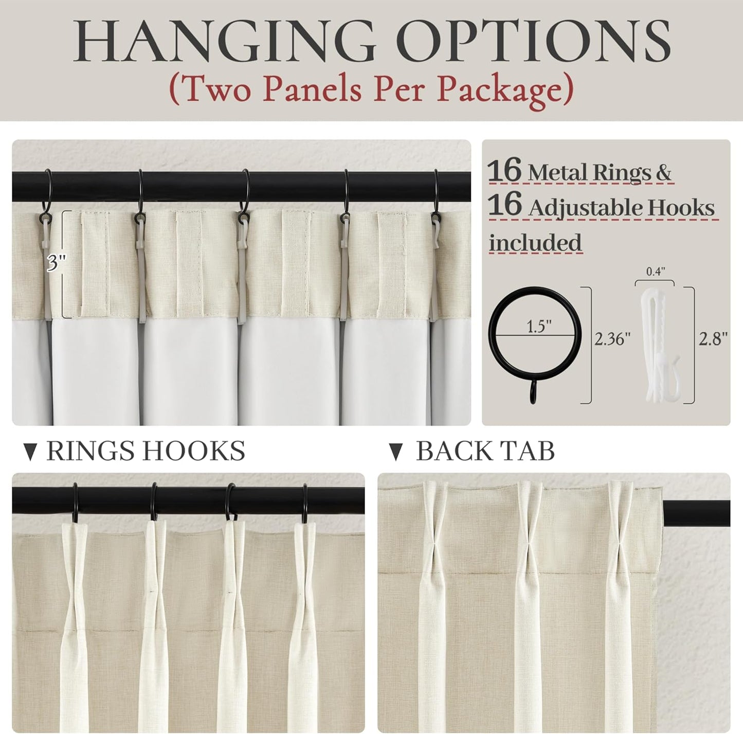 Warm Cream Extra Long Pleated Black Out Curtains 105 Inches Long for Living Room, Natural Linen Blend Patio Door Curtain with Track&Back Tab 2 Panels Set Insulated Privacy Window Drapes (40"Wx105"L）