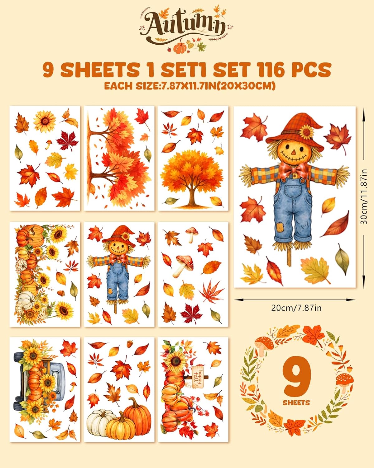Fall Window Clings - 9 Sheets 116 Pcs Fall Decorations for Autumn Thanksgiving Harvest Home Party, Pumpkin Leaves Truck Maple Sunflowers Stickers for Glass, Double-Sided Static Window Decals