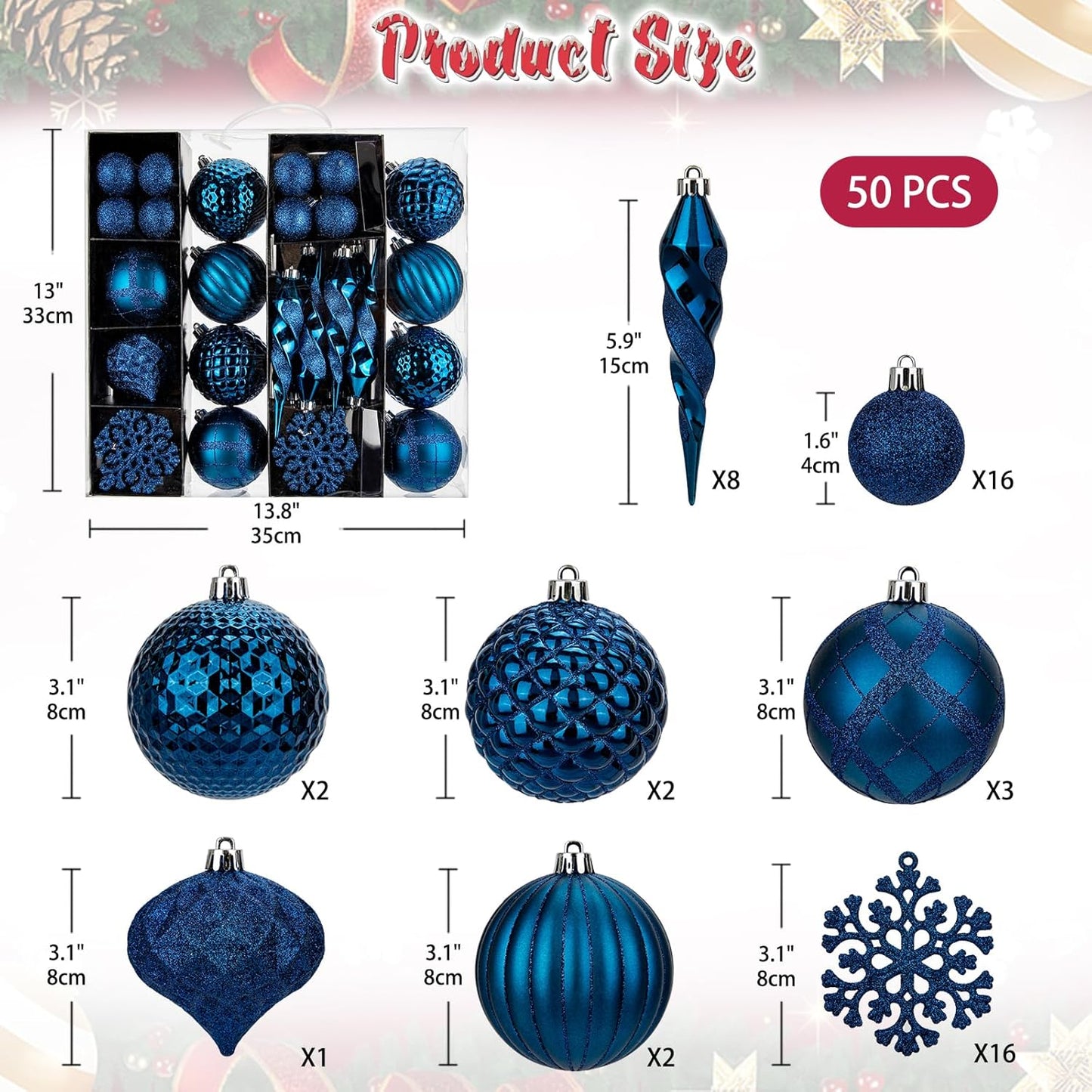 50PCS Christmas Tree Ornaments Set with Shatterproof Balls Icicle Snowflake Hanging Ornaments for Home Office Farmhouse Christmas Decorations, Dark Blue