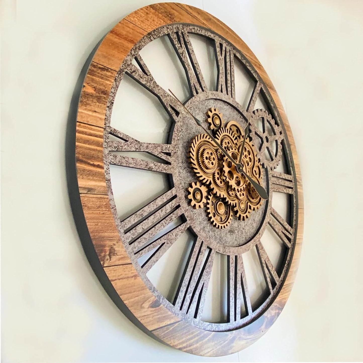 The Gears Clock 36'' Inch Real Moving Gear Wall Clock Vintage Industrial Oversized Rustic Farmhouse (Wood and Stone)