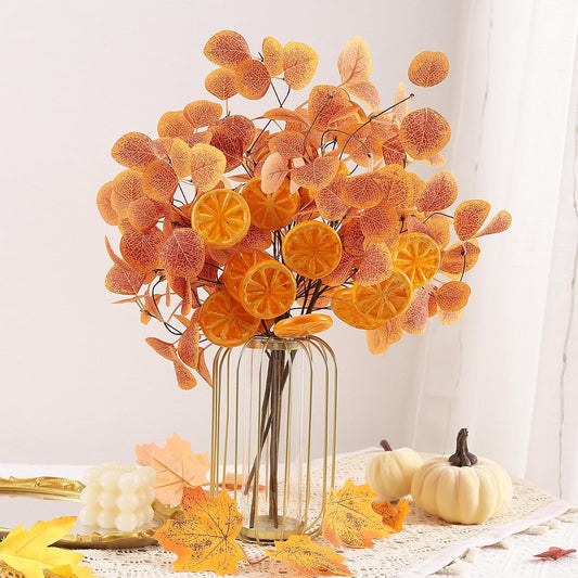 Eucalyptus Stems, 4PCS Artificial Lemon Stems Faux Citrus Branches Plastic Decor for Kitchen, Table Centerpieces, Entryway, Thanksgiving Wedding Party (Orange)