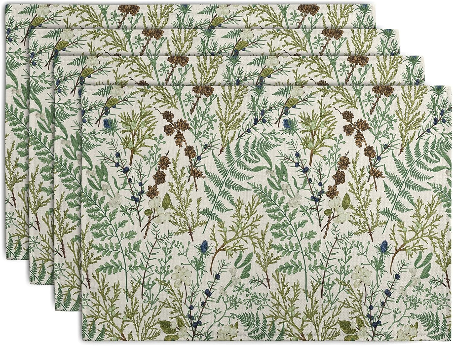 Sage Green Botanical Floral Placemats Set of 4 Vintage Tropical Herbs Fern Leaves Place Mats 12x18 Inch Seasonal Plant Spring Summer Linen Fabric Table Mats for Party Kitchen Dining Decor