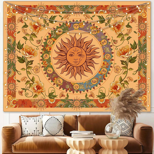 Aipon Vintage Sun Tapestry for Classroom Rainbow Boho 70s Sunshine Sunset Tapestries Wall Hanging Aesthetic Retro Tapestrys for Living Room Dorm (60'' × 50'', Orange)