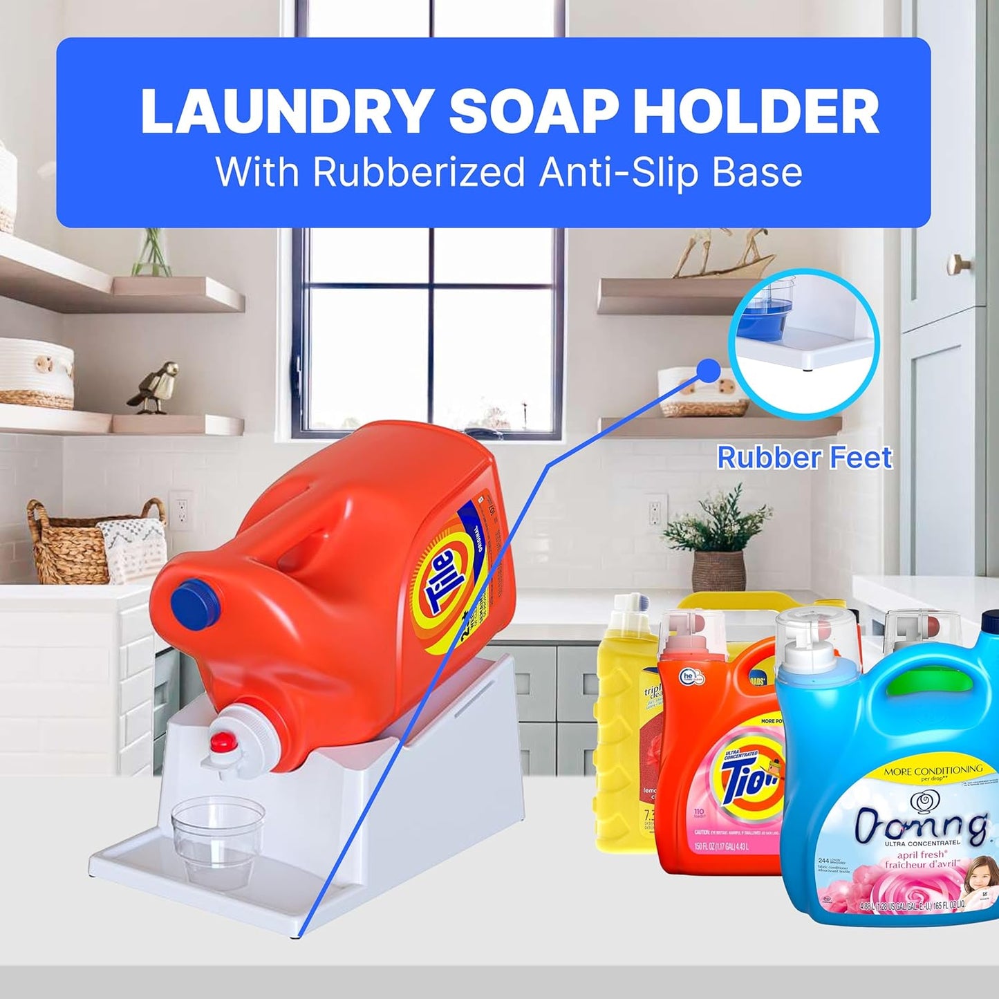 TidyFriend No-Spill Liquid Laundry Detergent Dispenser Holder, Laundry Soap Dispenser Holder with Drip Tray for Laundry Room Organization (No Strap, White)