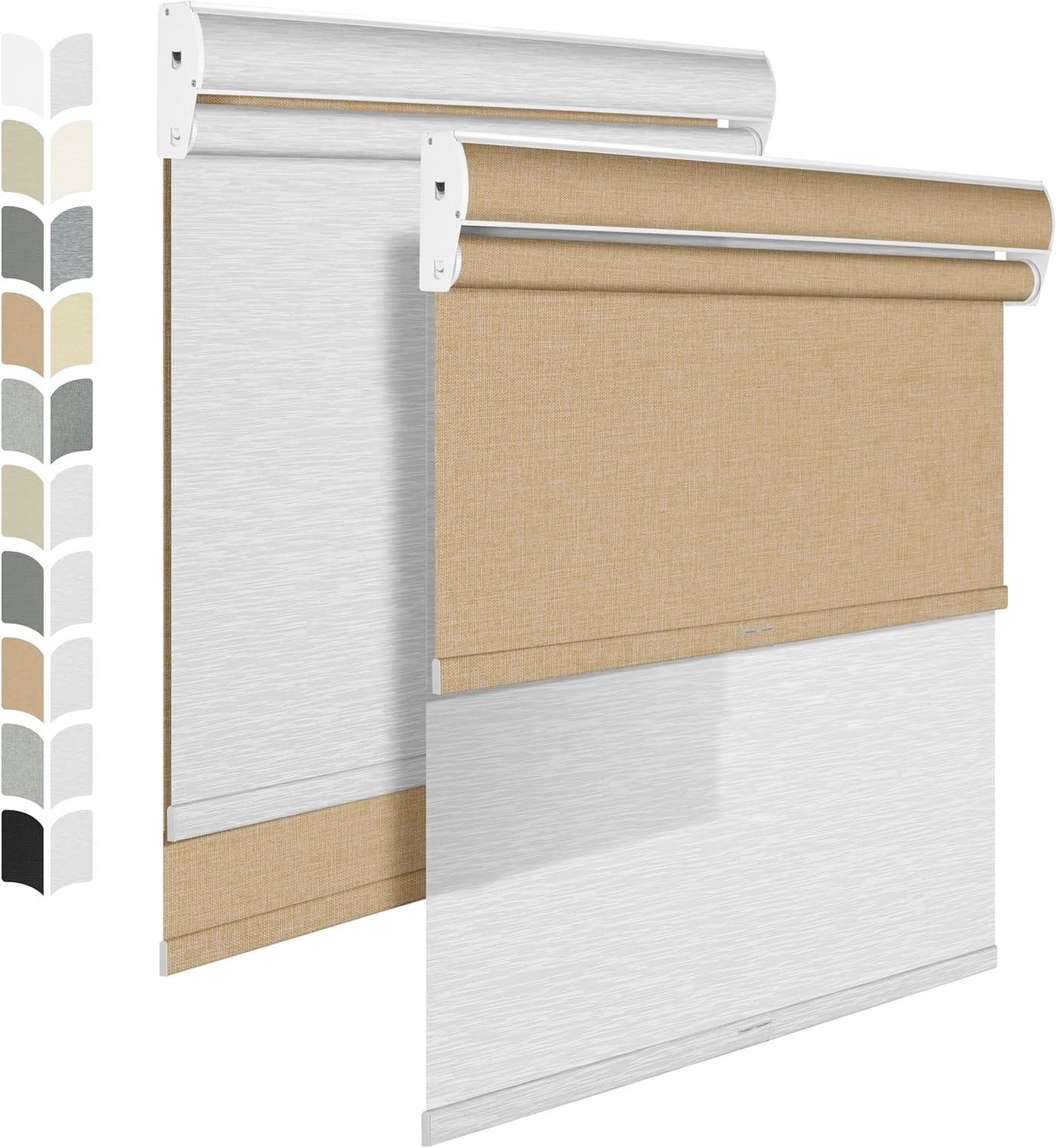 BERISSA Cordless Dual Roller Shades with Cassette Valance,Double Window Shades Blackout and Light Filtering Shades,Day and Night Roller Shades for Home Office Door.Linen Beige and White.68 W x 56" H