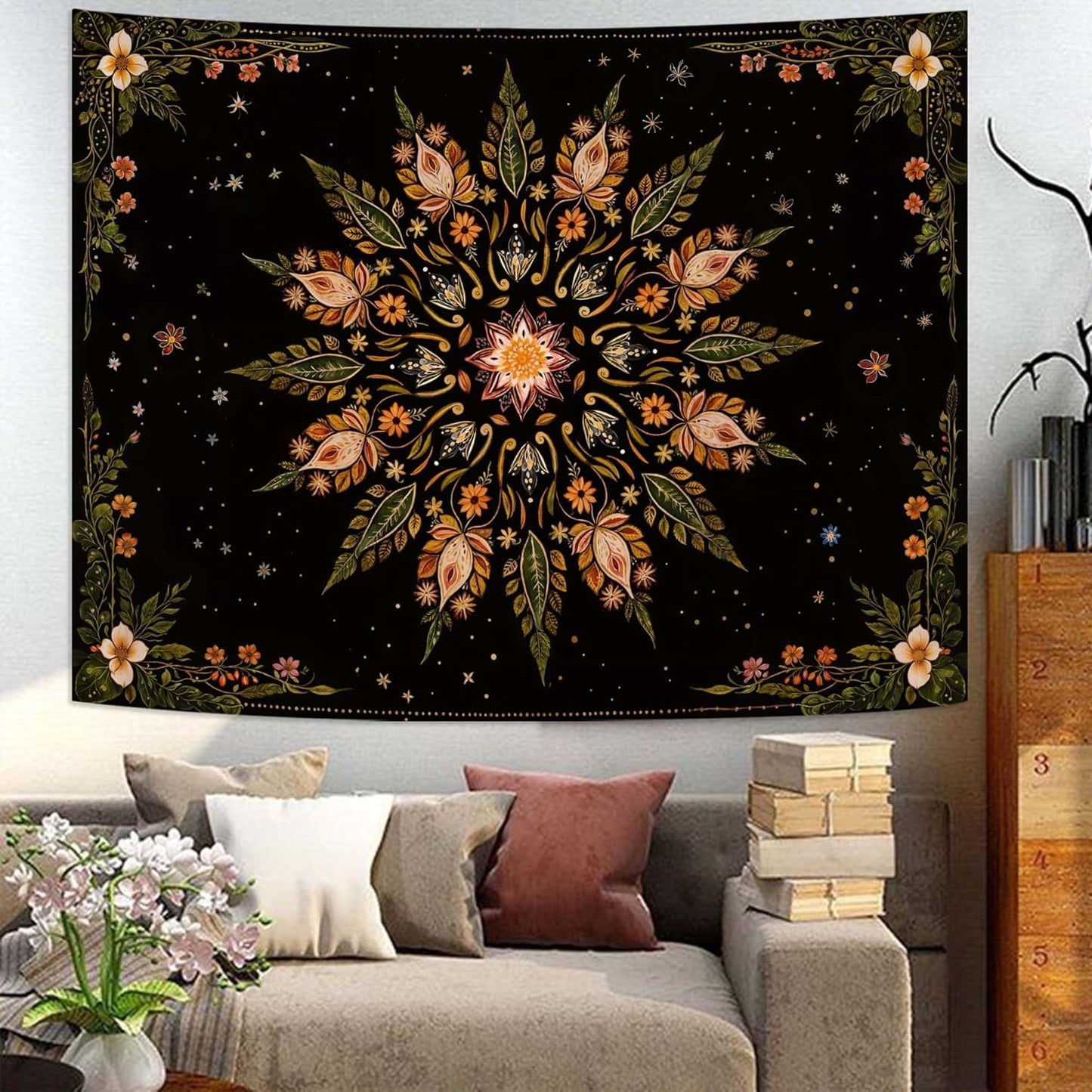 Fowocu Boho Floral Mandala Tapestry for Bedroom Aesthetic Vintage Bohemian Flower Wall Tapestry Black Green Hippie Indian Small Tapestries Wall Hanging for Living Room Dorm Decor 40 x 30 Inch
