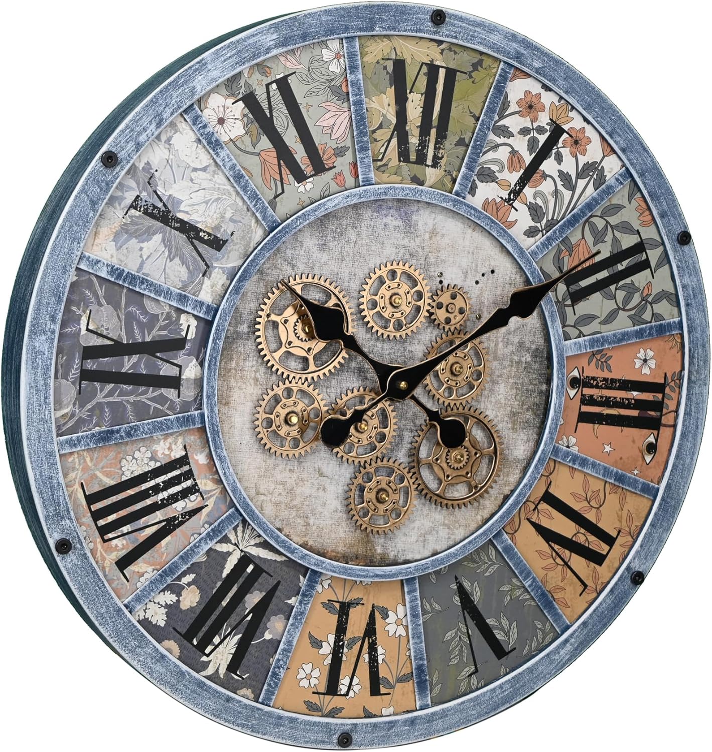 Unique Moving Gear Large Round Wall Clock 21inch-Battery Powered. Retro Industrial Steampunk Country Farmhouse Decor for Living Room Kitchen Bars cafes Offices(Blue/metal/21)