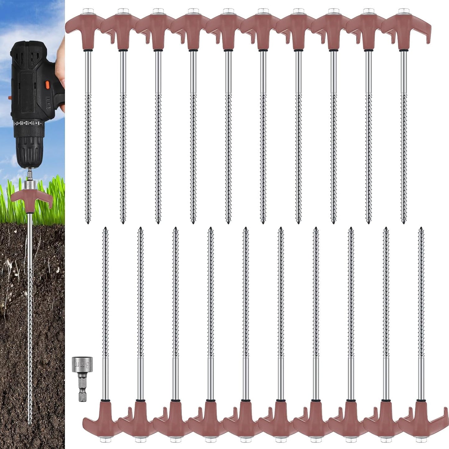 Hicarer 20 Pcs 20 Pcs 8'' Screw in Tent Stakes Heavy Duty Ground Metal Stakes for Inflatables with Hex Head Driver for Outdoor Camping Tent Inflatable Garden Decor (Brown)