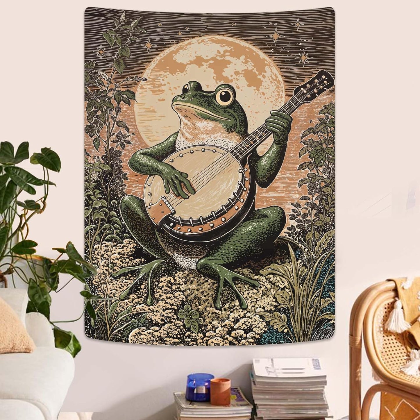 Lunerfex Moonlit Banjo Frog Wall Tapestry, Whimsical Amphibian Musician Tapestries for Room Decor, Folk Art Tapestry 44L x 60W