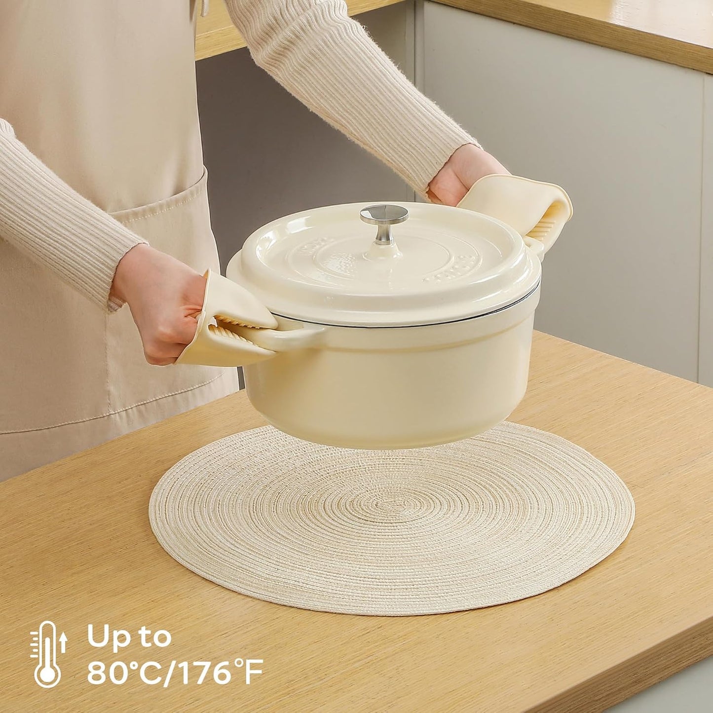 Leetaltree Round Placemats Heat and Slip Resistant Cotton Table Mats, Washable Bohemian Placemats for Dining Tables (White Beige, Set of 12)