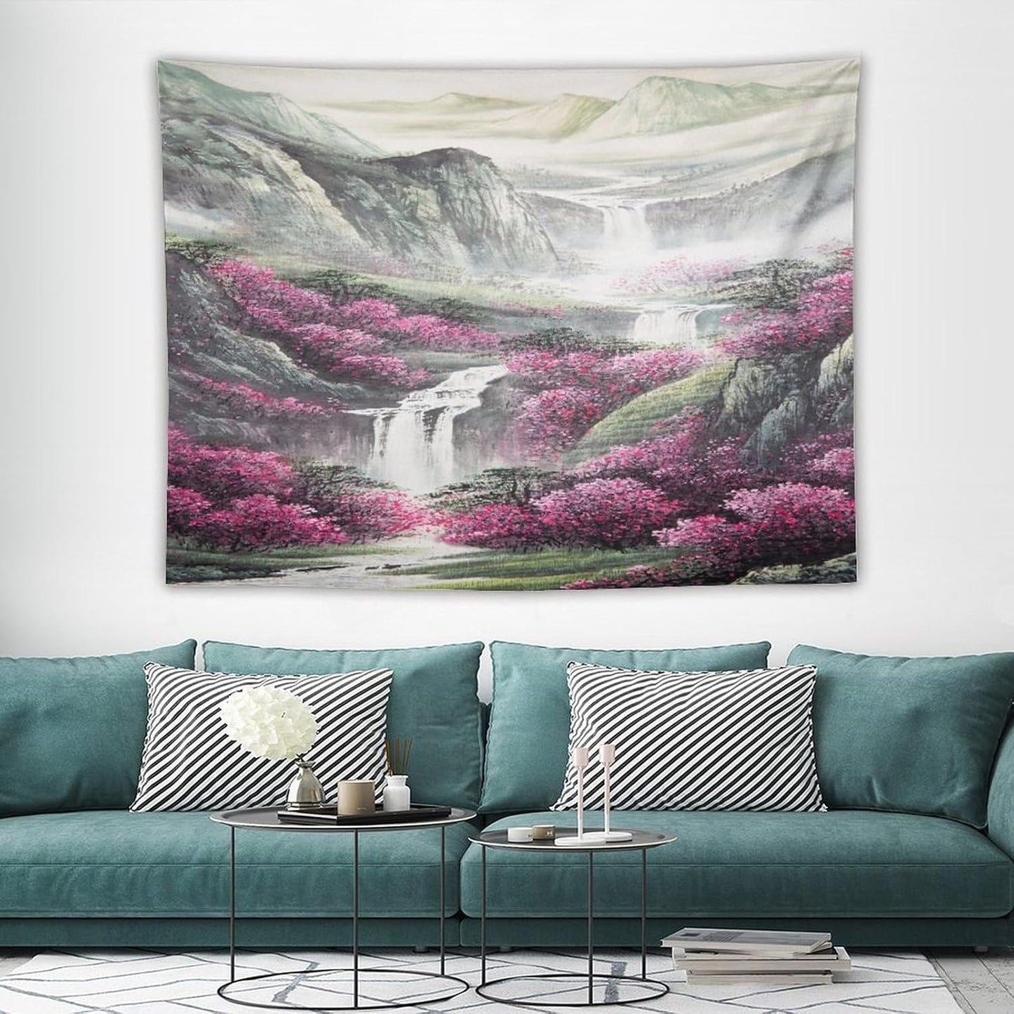Japanese Tapestry, Red Plum Blossom Mountain Tapestry, Asian Japanese Wall Tapestry, Nature Landscape Tapestries for Bedroom Living Room Decor 80"x60"