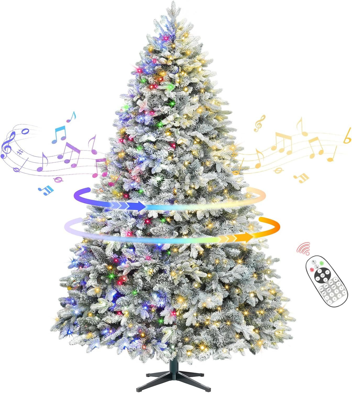 9FT Snow Flocked Pre-Lit Christmas Tree with 360° Rotating Base, 2512 PE/PVC Tips, 600 LED Lights, 8 Modes, Dimmable and Timer Functions, Musical Artificial Xmas Tree for Holiday Decor