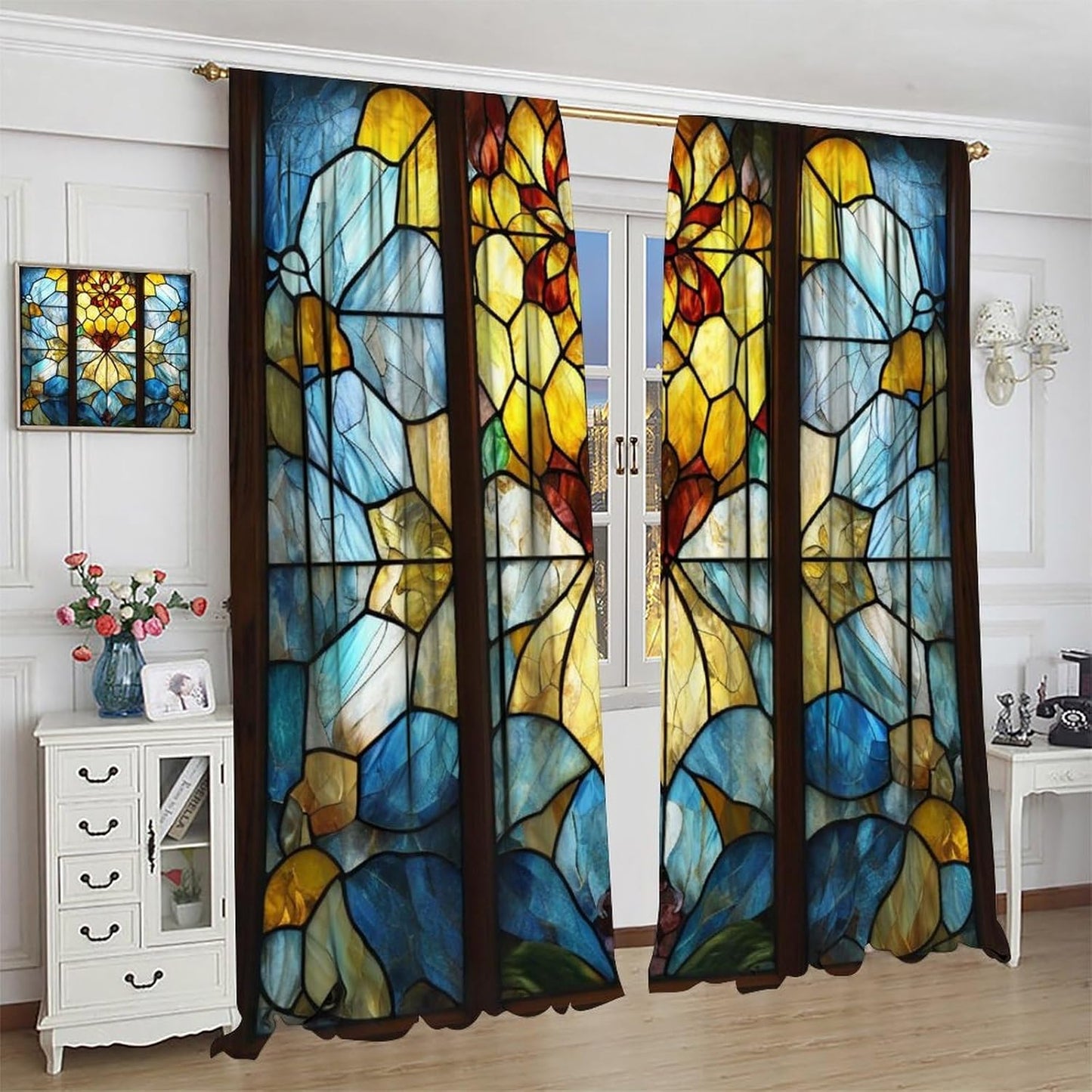 Stained Glass Curtains,Retro Abstract Colorful Art Home Decor Drapes for Bedroom Living Room Kitchen Window Treatment 2 Panels Set Total Size 72" W X 63" L Inch