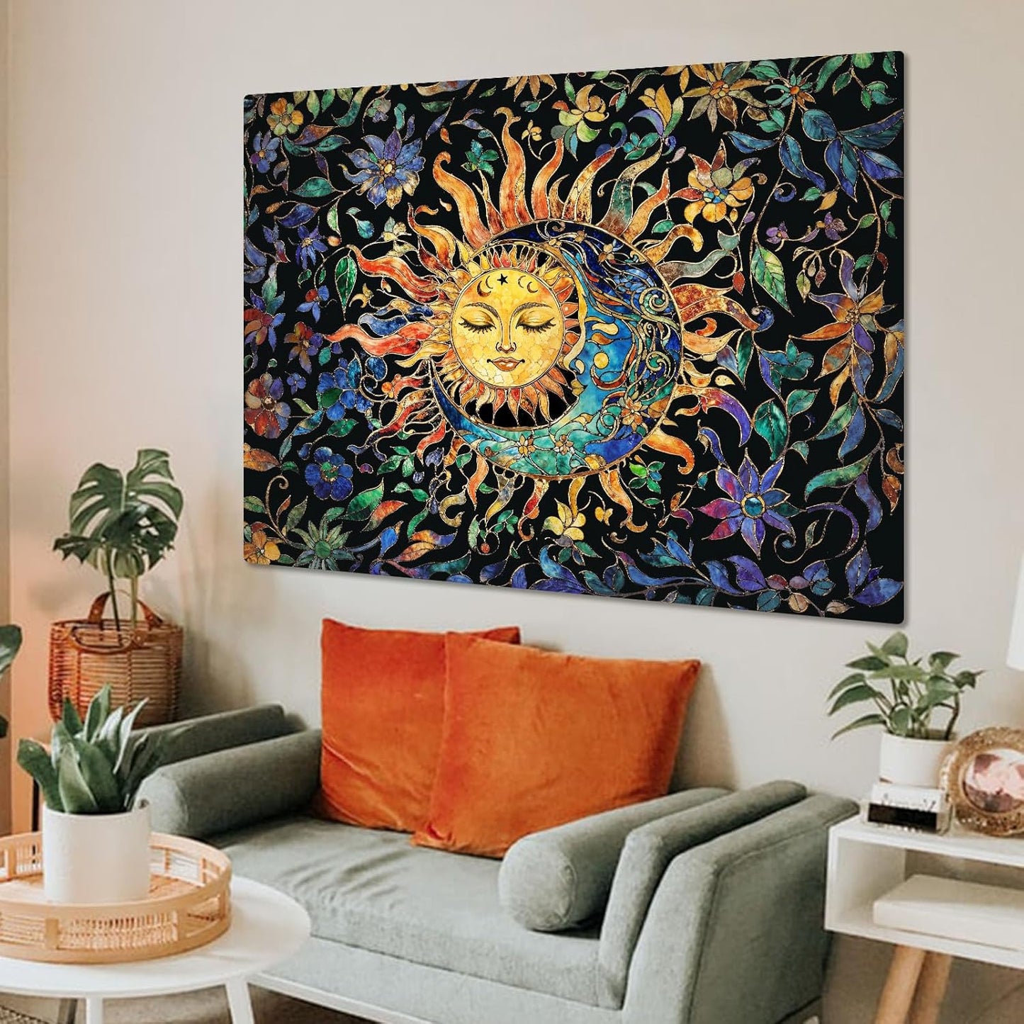Aipon Sun and Moon Tapestry for Bedroom Boho Hippie Floral Wall Tapestry Aesthetic Vintage Stained Glass Plant Large Tapestries Wall Hanging for Living Room Dorm 80 x 60 Inch