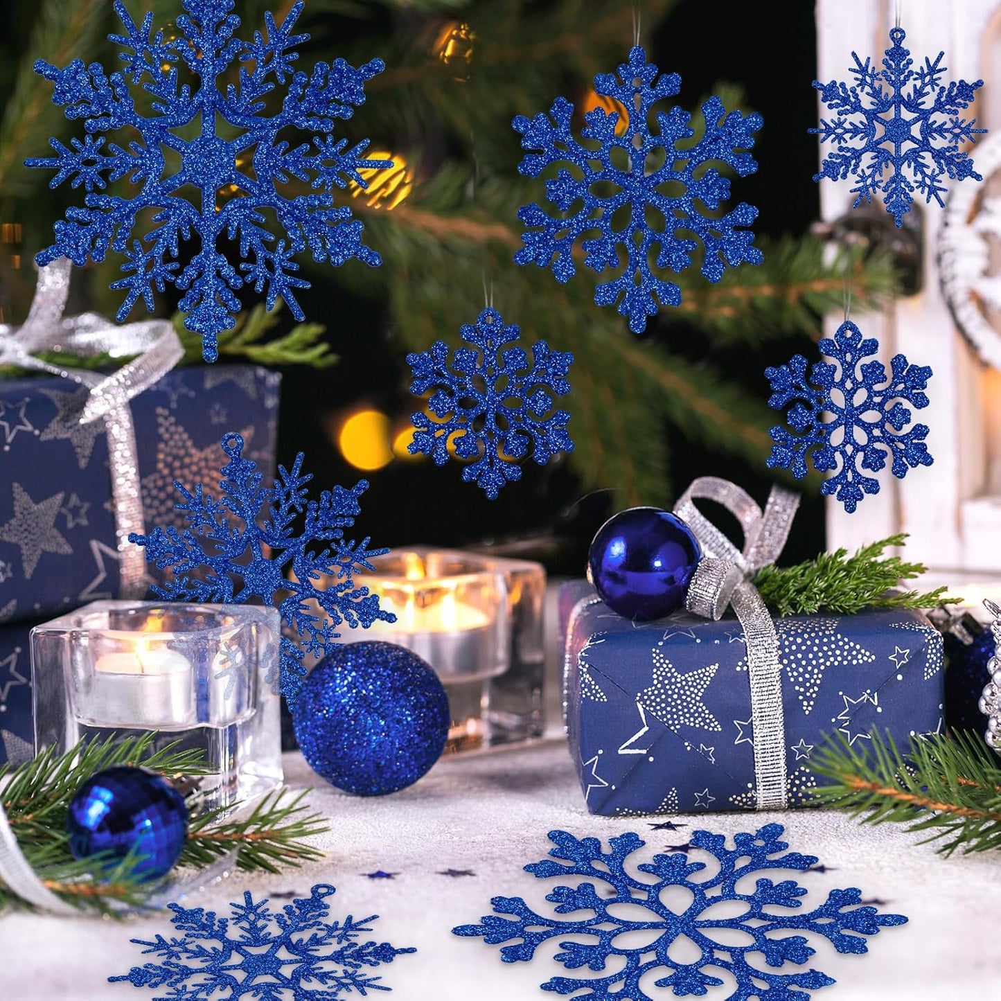 36pcs Christmas Navy Blue Snowflake Ornaments Plastic Glitter Snow Flakes Ornaments for Winter Christmas Tree Decorations Size Varies Craft Snowflakes