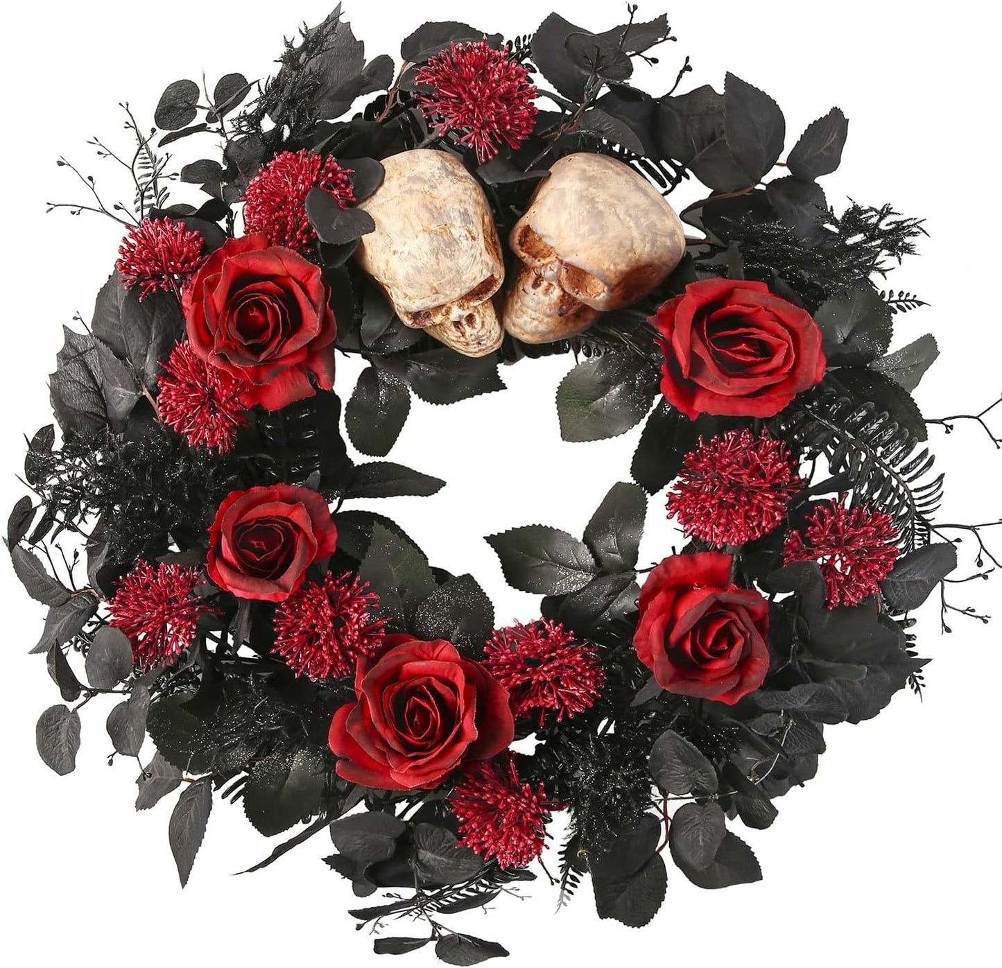 20" Halloween Wreaths for Front Door, Black Eucalyptus Leaves with Glitters, Red Roses, Skull, Gothic Wreath Horror Room Decor