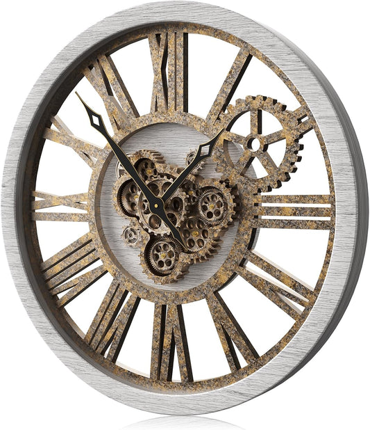 The B-Style Large Wall Clock 24 inch Moving Gear Wall Clock Oversized Vintage Farmhouse Wall Clocks for Living Room Decor Rustic Industrial Wood Clock (Silver Gray, 36 inch/90cm)