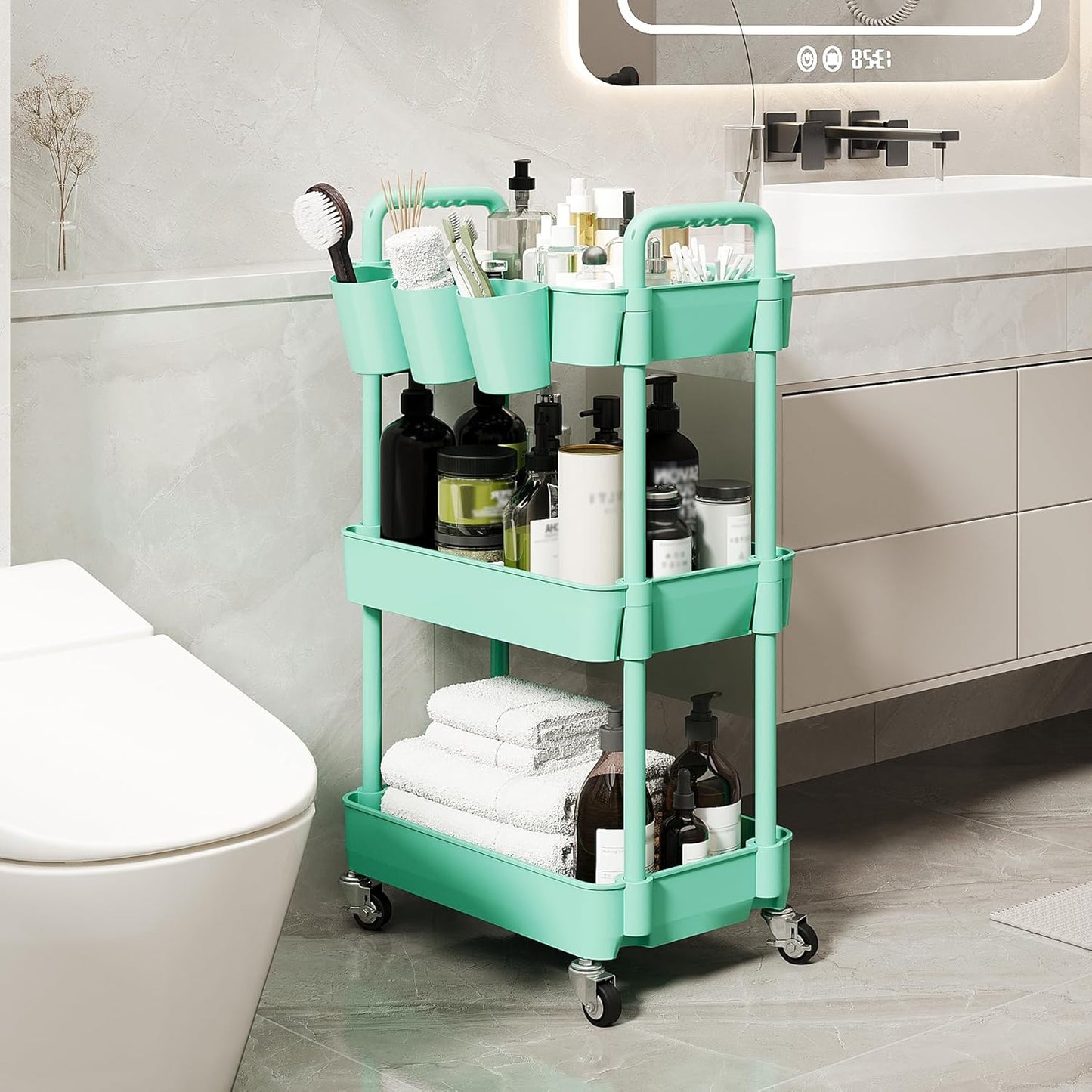 UDEAR 3-Tier Rolling Utility Cart,Multifunctional Storage Shelves with Handle and Lockable Wheels for Room,Office,Kitchen,Bathroom,with 3 Hanging Cups,Green