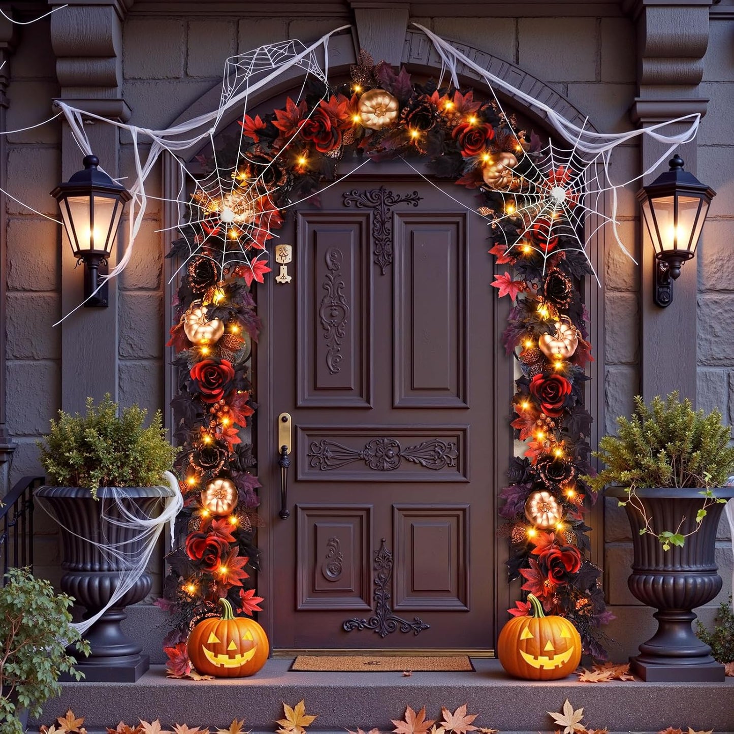 SHareconn 6FT Halloween Garland with Purple Lights Battery Operated and Timer, Pre-Lit Black Red Maple Leaves Lighted Garland Decorations for Fireplace Mantle Centerpiece Indoor Outdoor Decor, 6 FT