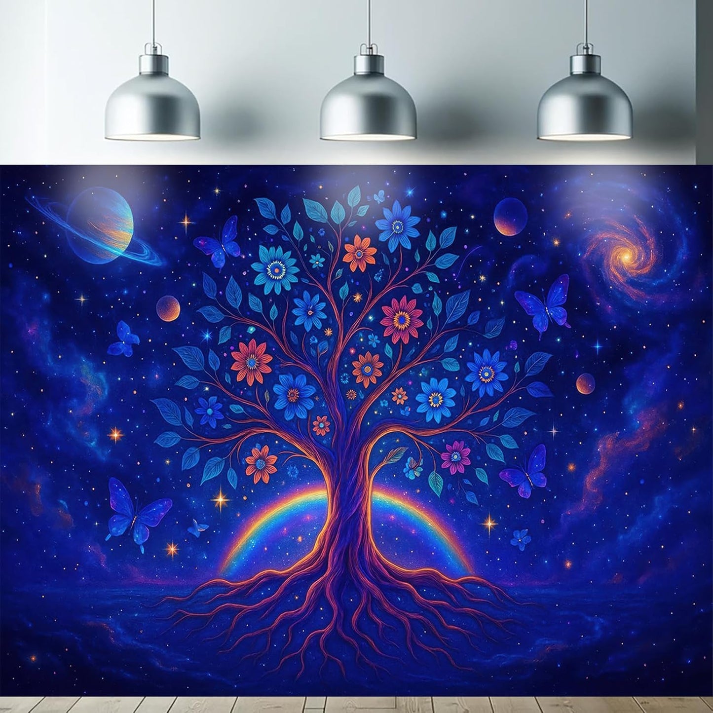 Starlit Patio Cosmic Tree Blacklight Tapestry UV Reactive Wall Hanging Rainbow Roots Flowers and Planets for Bedroom Dorm Living Room Glowing Spiritual Decor Fluorescent Trippy Poster 78 x 59 Inch