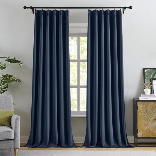 KangBang Navy Blue Pinch Pleated Curtains 120 Inches Long 2 Panels Set, Extra Long Sound Dampening Memory Pleat Elegant Curtains & Drapes for Boys Playroom Dorm with Hooks, 40Wx120L