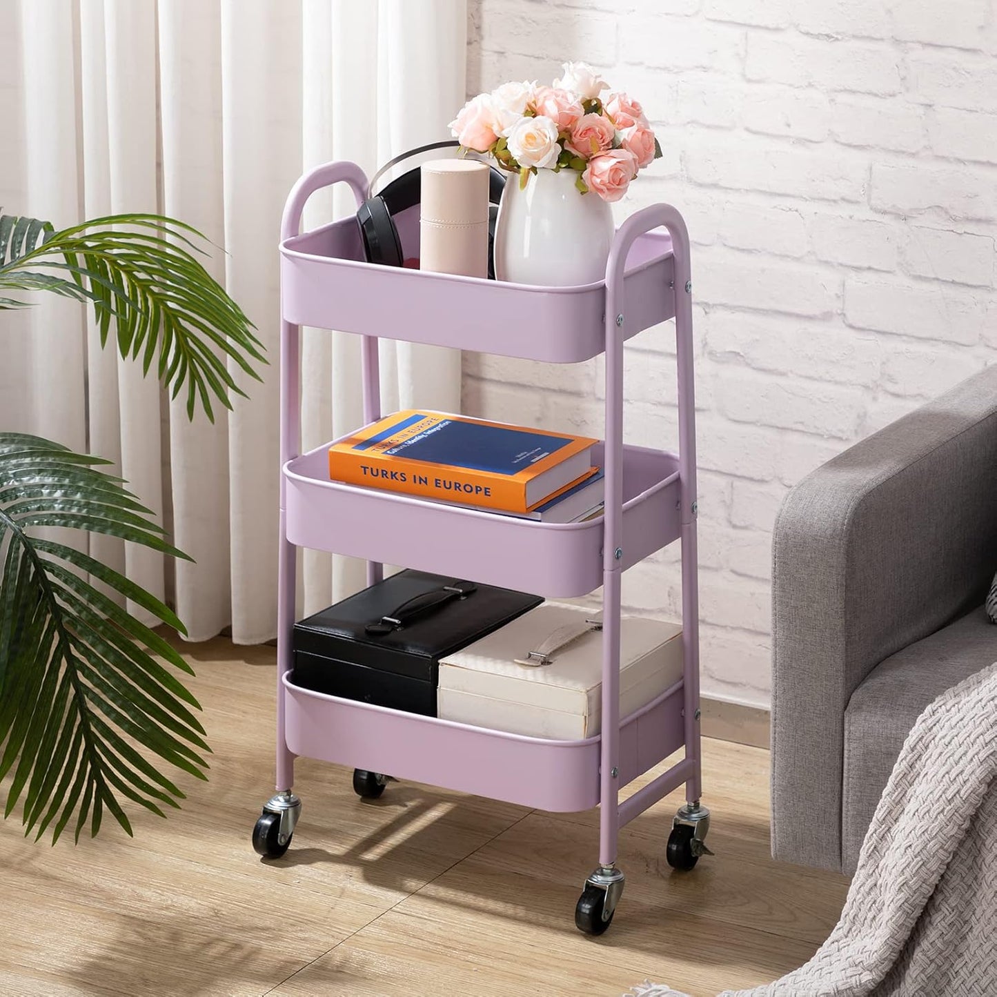 AGTEK Makeup Cart, Movable Rolling Organizer Cart, 3 Tier Metal Utility Cart with Lockable Wheels for Home & Office, Purple