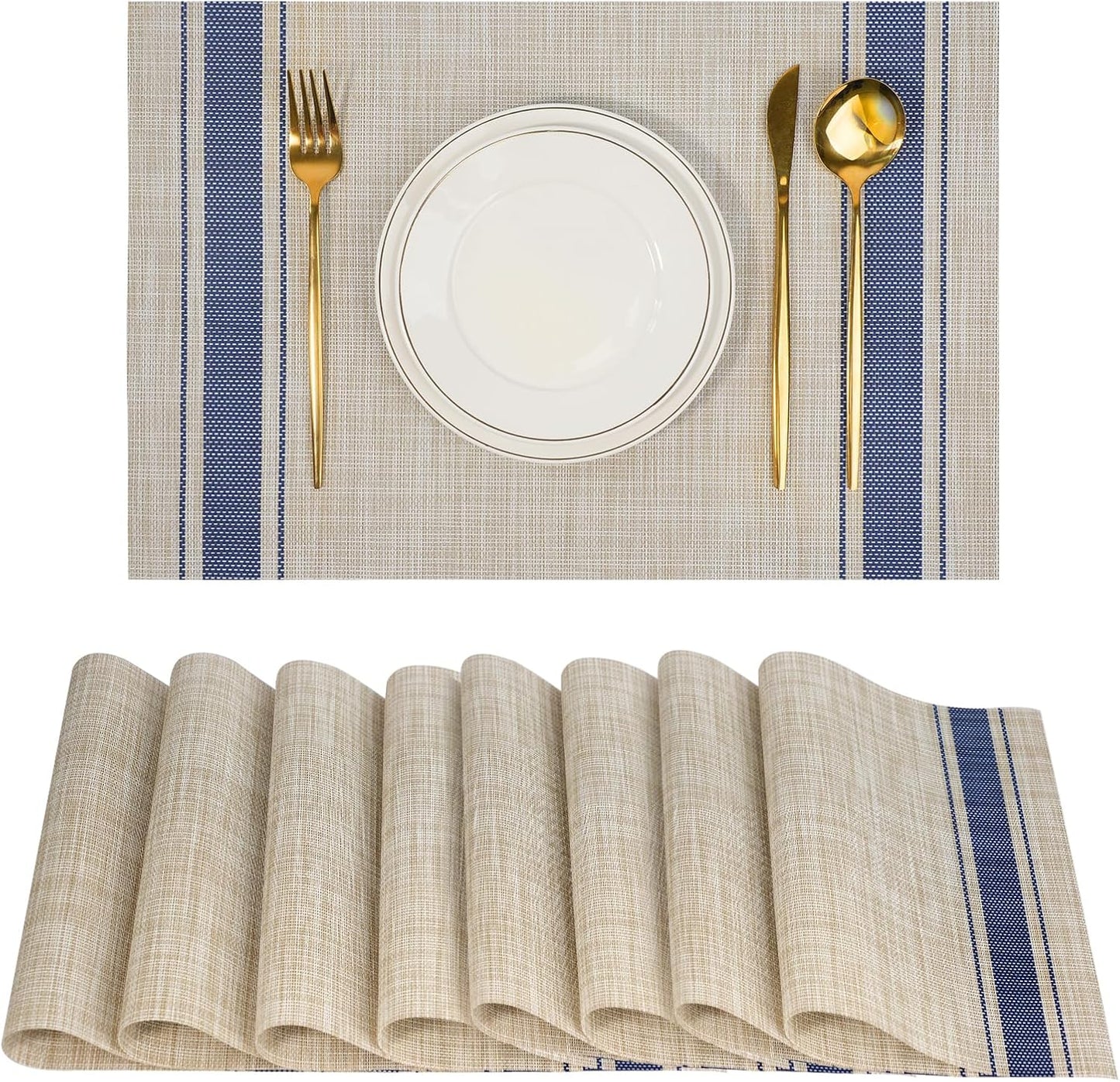 Placemats Set of 8，Non-Slip PVC Weave Table Mats Easy to Clean，Heat Resistant Place Mats for Kitchen Dining Table Decoration Indoor Outdoor，Khaki Blue