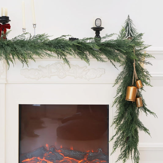 9FT Christmas Cedar Garland Full Real Touch Artificial Green Faux Cypress Realistic Pine Garland for Mantle Fireplace Table Home Decoraiton
