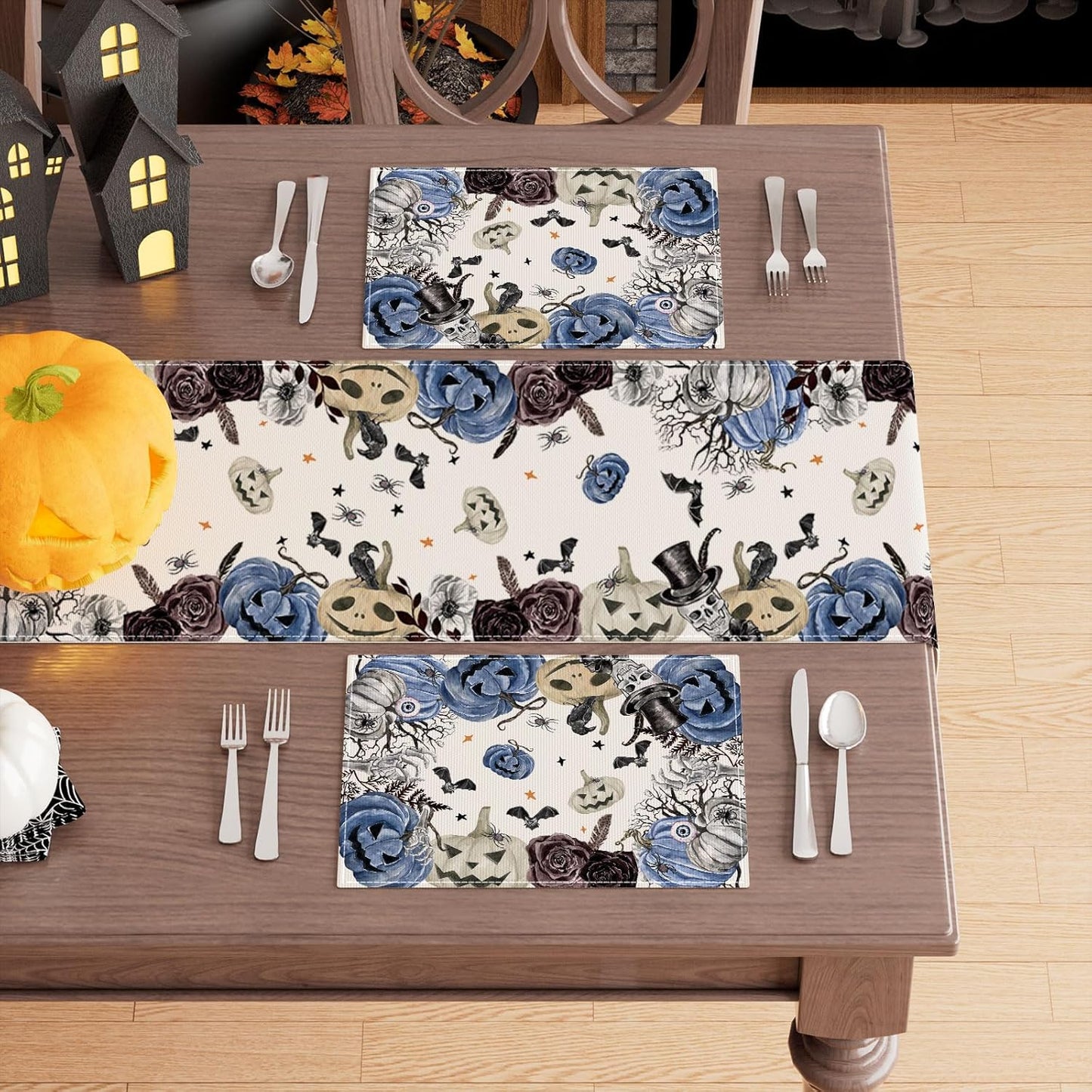 XCHI Spooky Blue Pumpkin Halloween Placemats Set of 6 Table Mats for Party Home Kitchen Dining Table Decorations 12x18 Inch