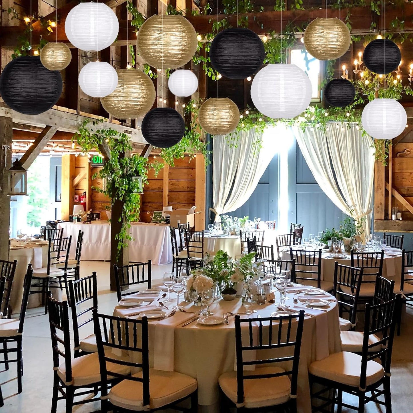 15pcs Paper Lanterns Black Gold Round Hanging Chinese Paper Lanterns 4" 6" 8" 10" 12" for Bachelorette Engagement Wedding Baby Bridal Birthday Party Decorations