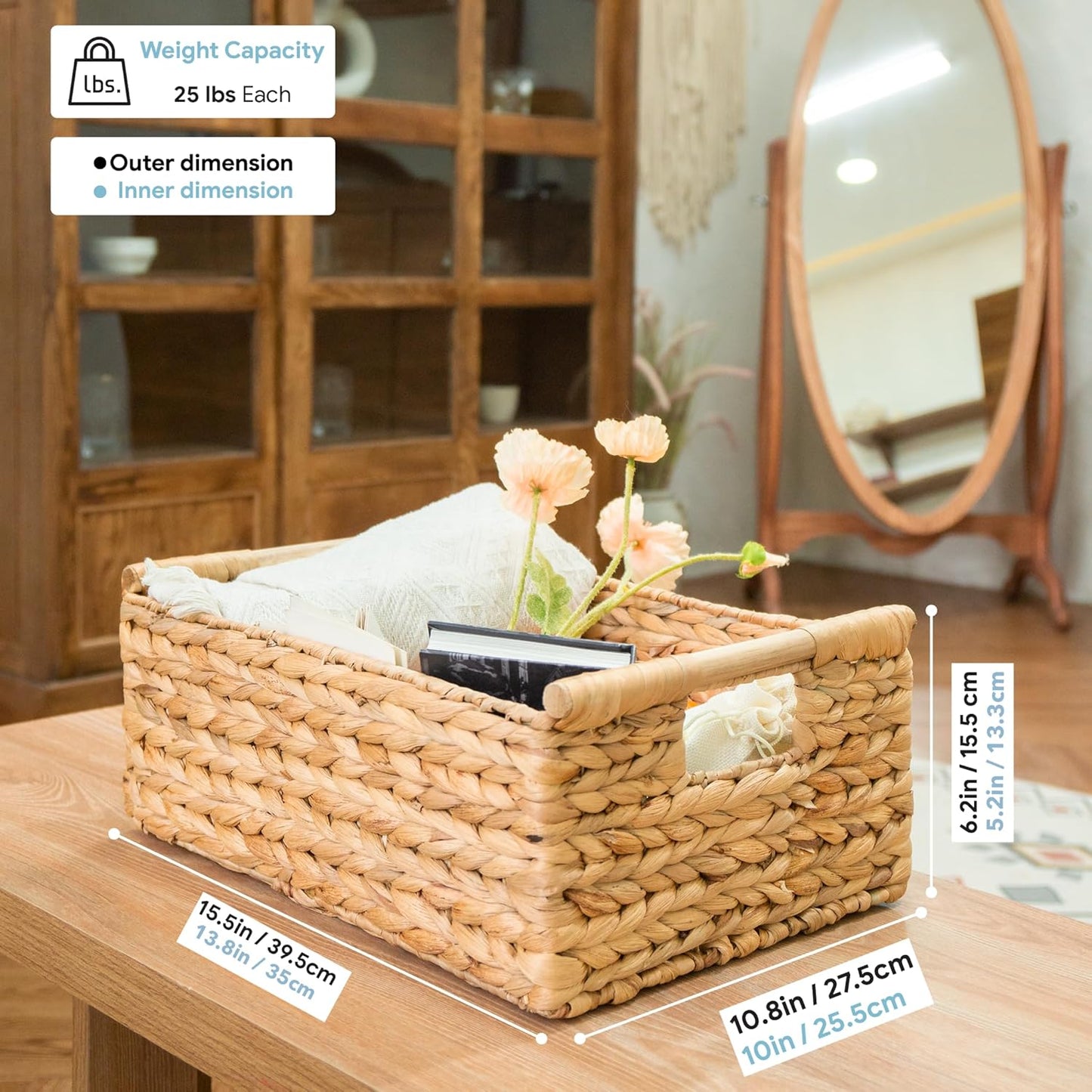 VATIMA Hyacinth Large Wicker Basket 15.5x10.8x6.2" - Rectangular, Wooden Handles, Shelf Organizer