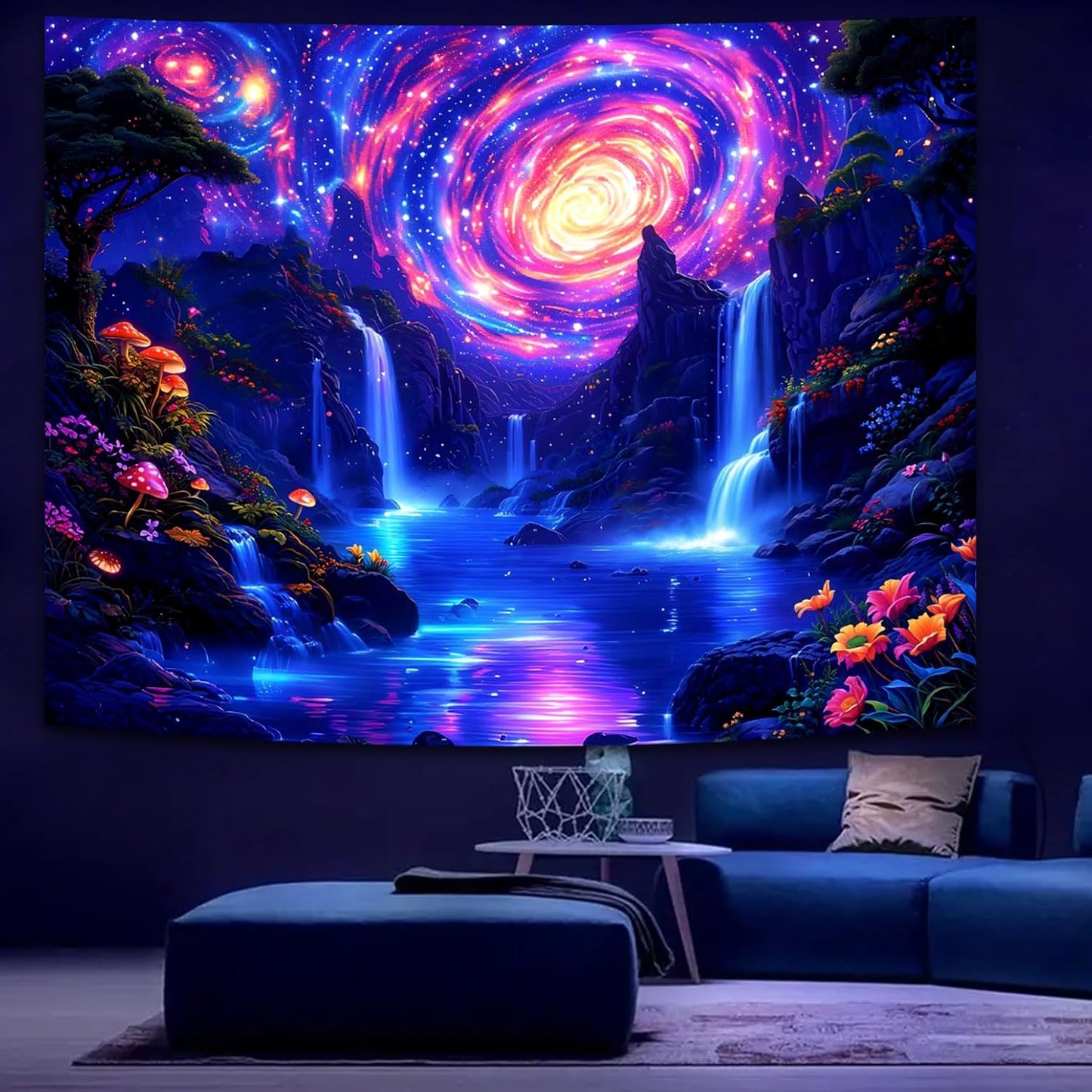 Manicer Blacklight Galaxy Waterfall Neon Tapestry – UV Reactive Glowing Cosmic Spiral Sky Glow in the Dark Nature Fantasy Landscape Wall Art for Bedroom – 51.2" x 59.1"