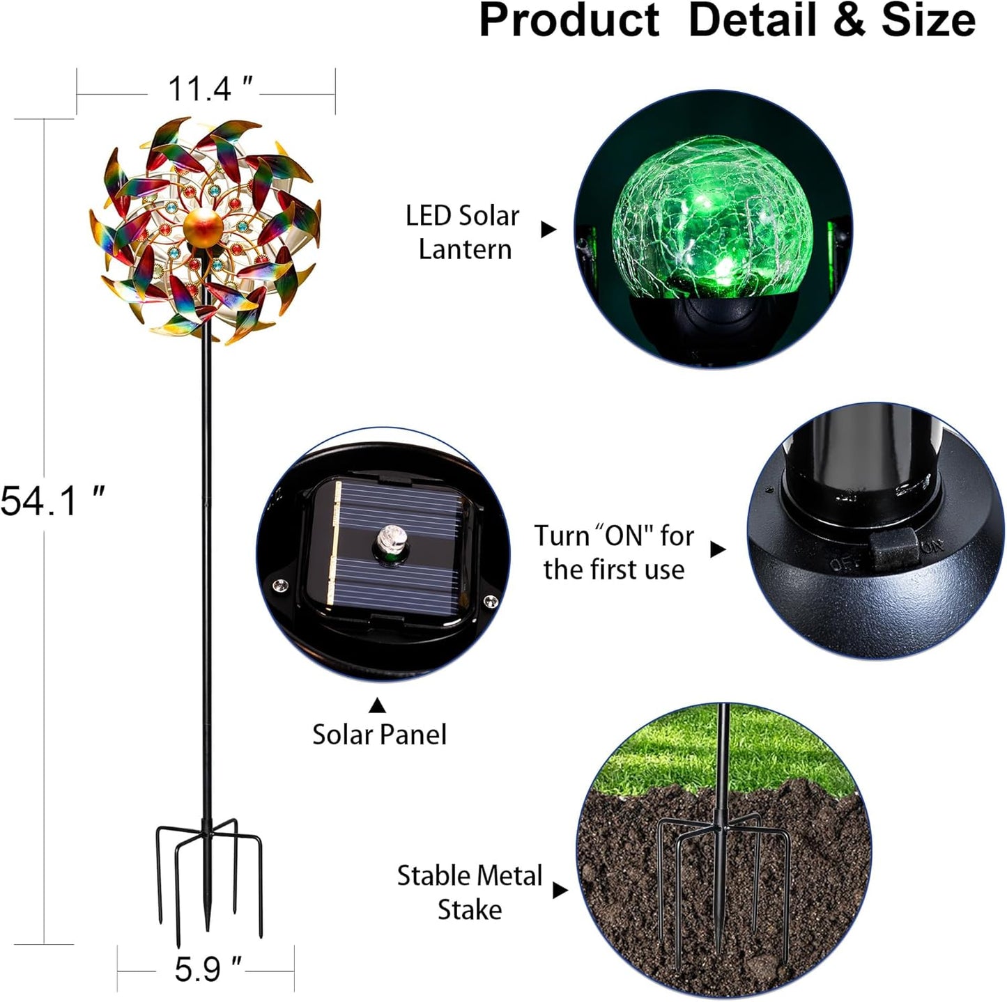 54'' Wind Spinners Outdoor Solar Garden Decor Light - Unique Gemstone Colorful Windmill, Durable Waterproof Design for Garden, Lawn, Patio