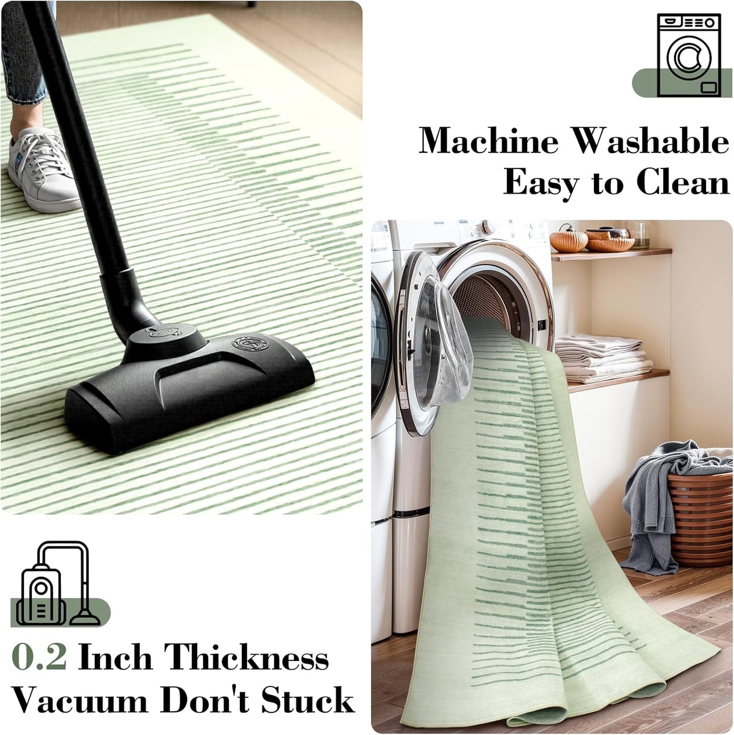 Wonnitar Washable Green Striped Runner Rug for Hallway 2'6"x8', Non-Slip Soft Runner Rug for Bedroom, Low Pile Minimalist 8ft Carpet Runner for Bathroom Laundry Kitchen (Green, 2'6" x 8')