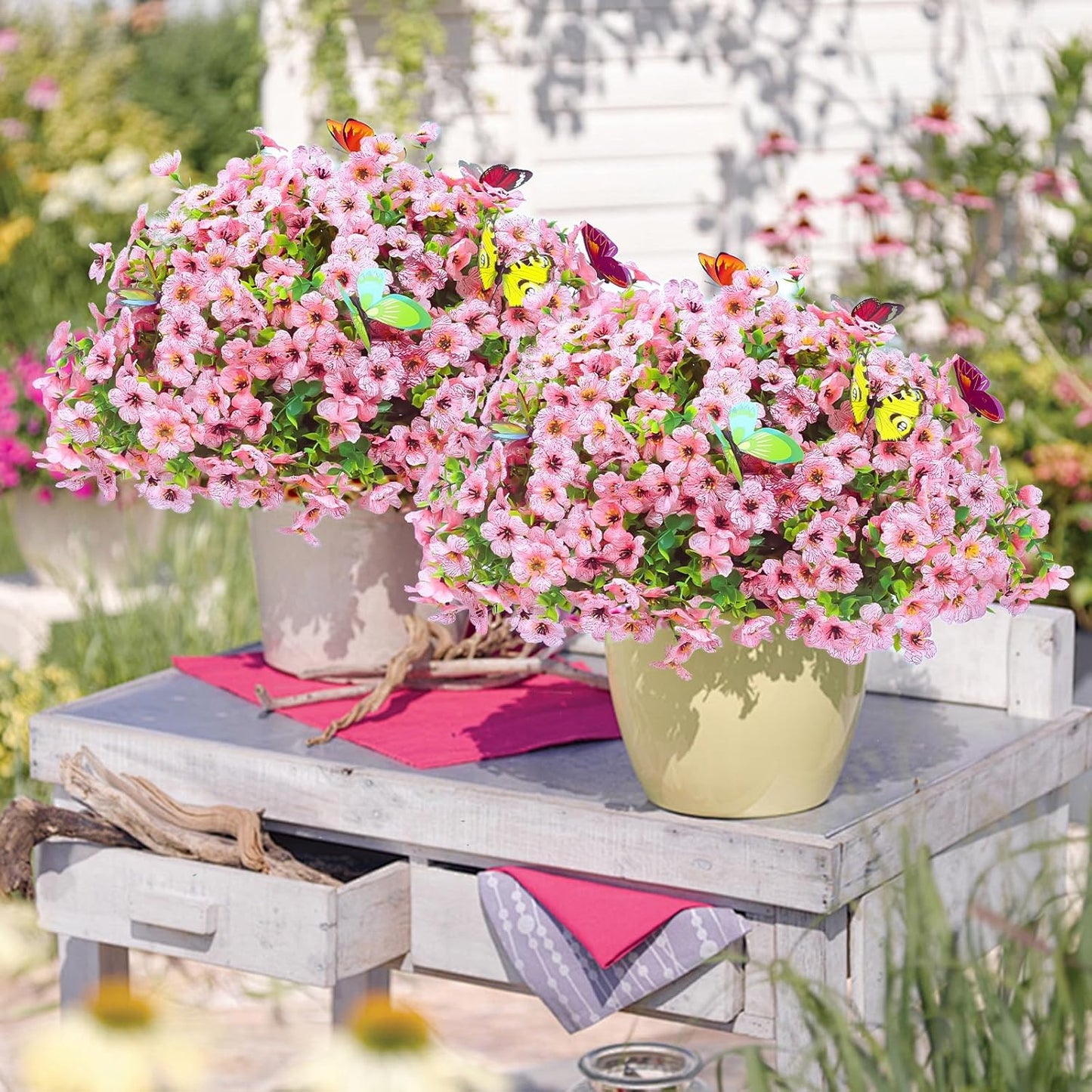 ‌20 Bundles Artificial Flowers for Outdoors‌ with 6 Faux Butterflies, UV Resistant ‌Fake Flowers‌ with Eucalyptus Leaves, ‌Artificial Plants Outdoor‌ for Patio Garden Porch Home Decor (Pink)