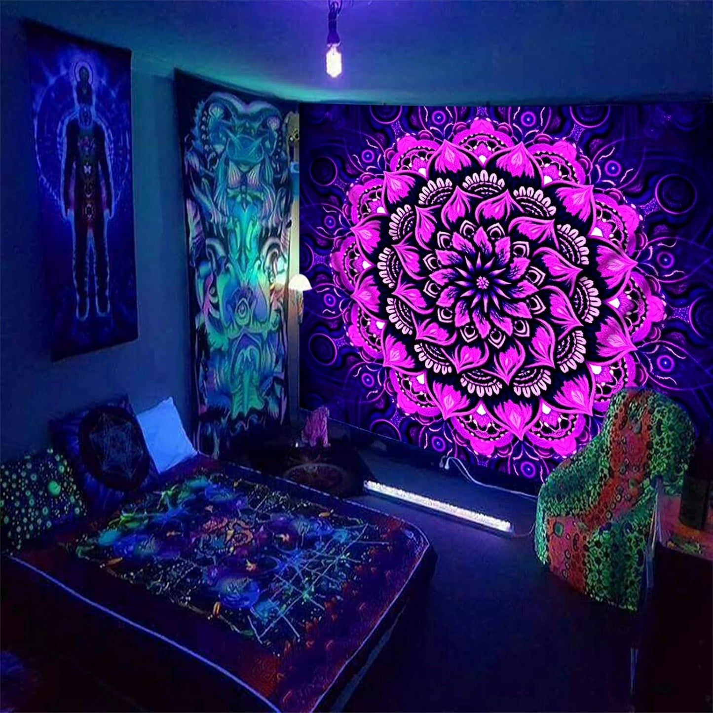 Psyhilar Blacklight Mandala Tapestry Wall Hanging, Psychedelic Flower Black Light Posters for Adults and Teens, UV Reactive Aesthetic Bohemian Art for Bedroom (40 x 30 Inches)