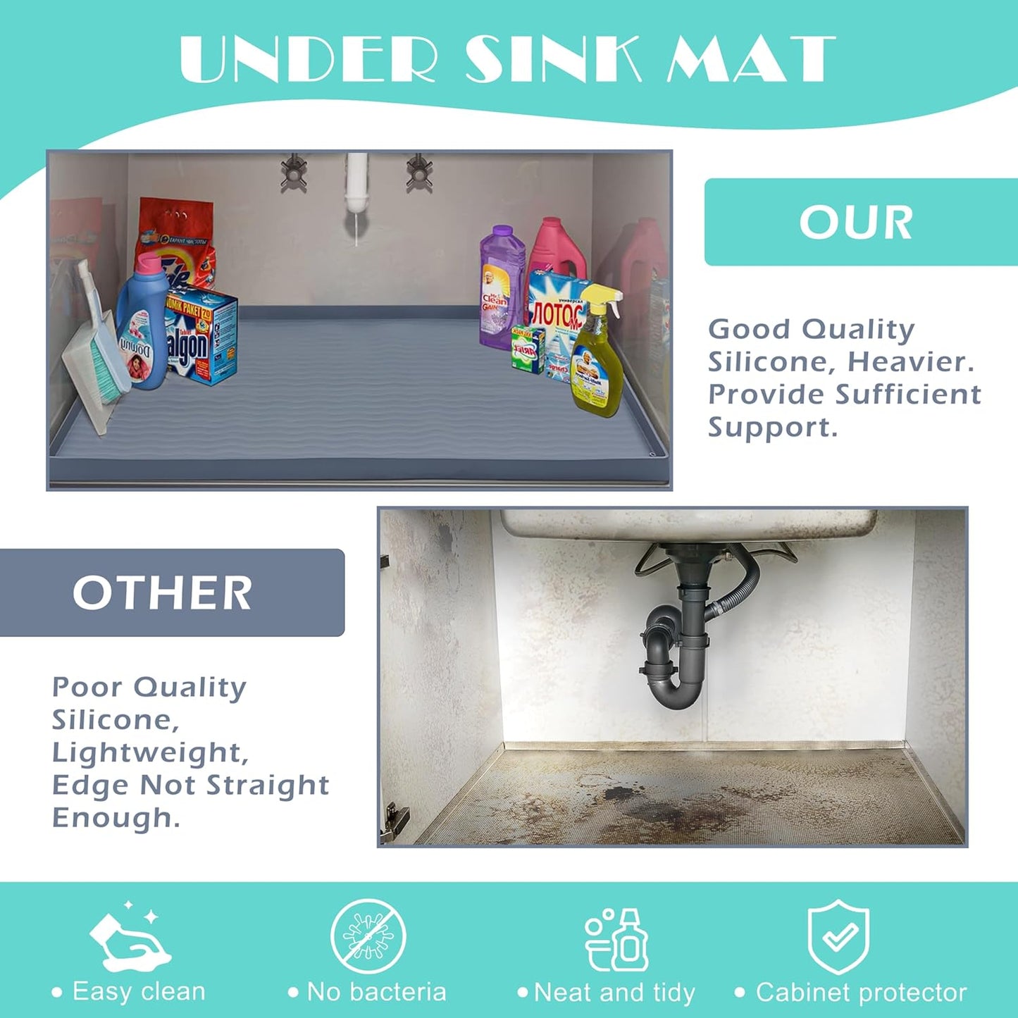 URMONA Waterproof Silicone Under Sink Mat 25'' x 19'' Shelf Liner for Kitchen and Bathroom, Cabinet and Counter Protector, Storage and Organizers, Litter Mat, Pet Cat Puppy Essentials(Dark Grey)