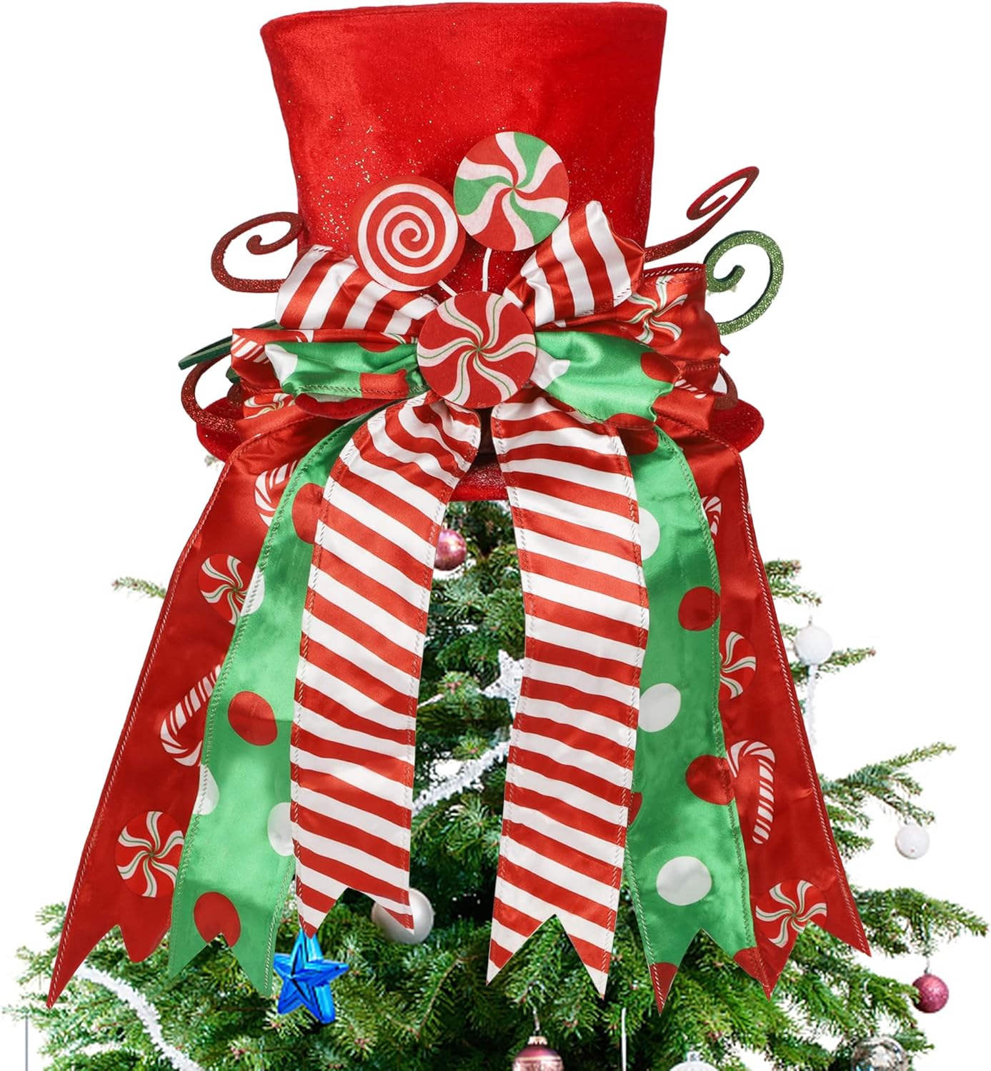 yofit Christmas Tree Topper Hat, Large Red Hat with Striped Bow Ribbon & Lollipop, Christmas Tree Decorations Top Hat, Desktop Ornaments for Home Xmas Holiday Winter Decor