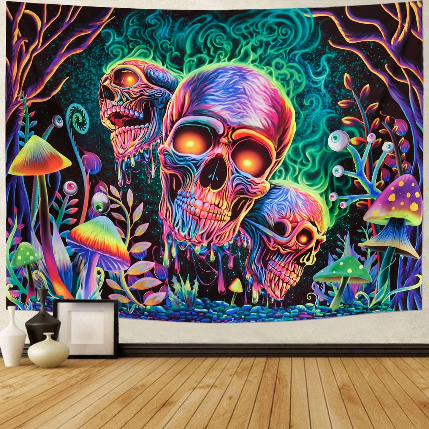 Amonercvita Blacklight Skull Tapestry Trippy Skeleton Wall Tapestries UV Reactive Neon Plants Trees Tapestries Aesthetic Galaxy Space Tapestry Wall Hanging for Bedroom Decor(H70.8×W92.5 inches)