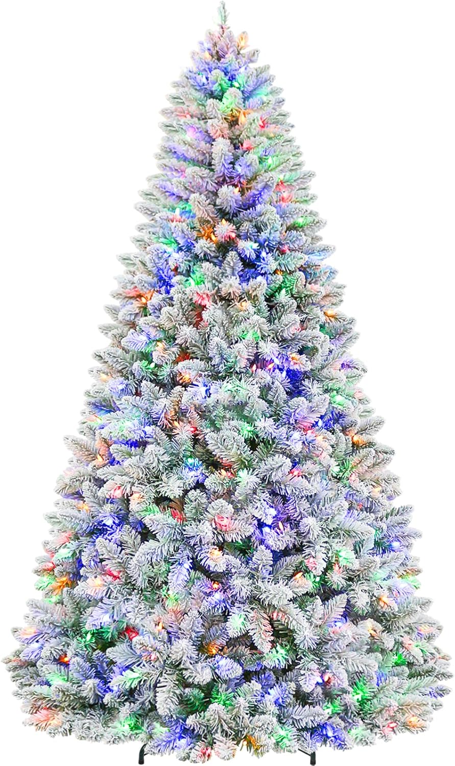 Hykolity 7.5 ft Prelit Snow Flocked Christmas Tree, Artificial Christmas Tree with 450 Color Changing LED Lights, 1446 Branch Tips, Metal Stand and Hinged Branches, 10 Colors