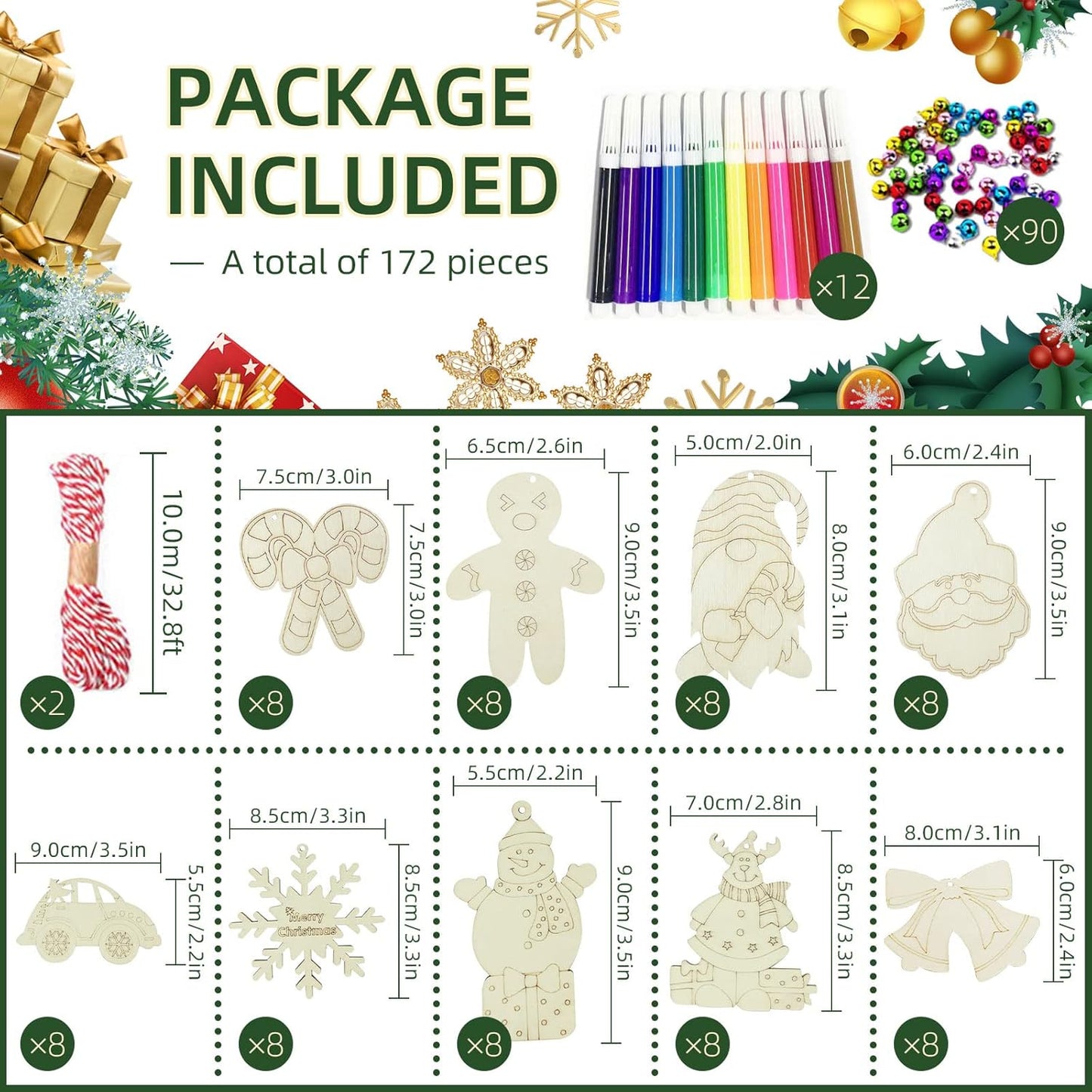 Wooden Christmas Ornaments, 176 PCS Unfinished Predrilled Wood Ornaments Set with 72 Blank Wood Slices in 9 Styles, 90 Bells and 12 Color Pens for Kids DIY Crafts and Christmas Hanging Decoration, A