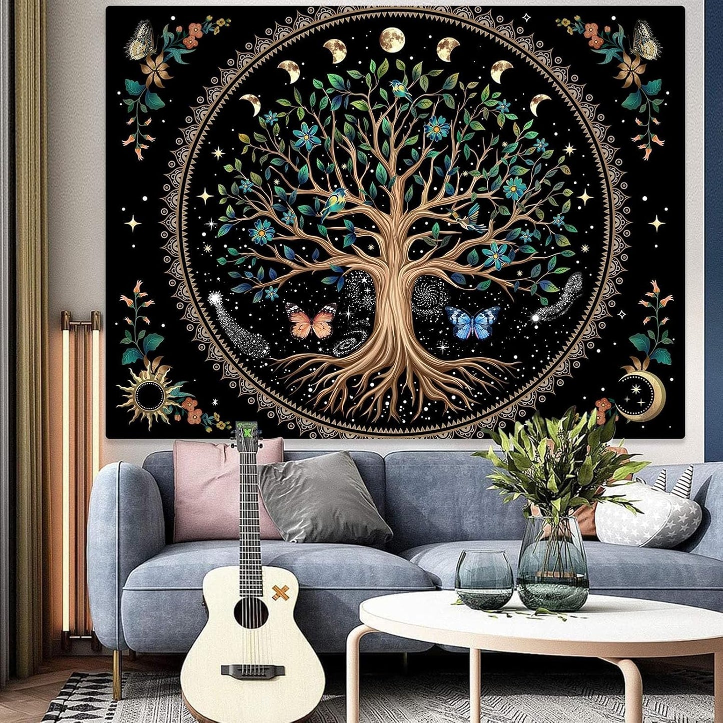 Lunerfex Tree of Life Tapastry Sun and Moon Tapastry Flower Boho Tree Mandala Wall Hanging for Bedroom and Living Room Decor Green Tree 44×60 Inches