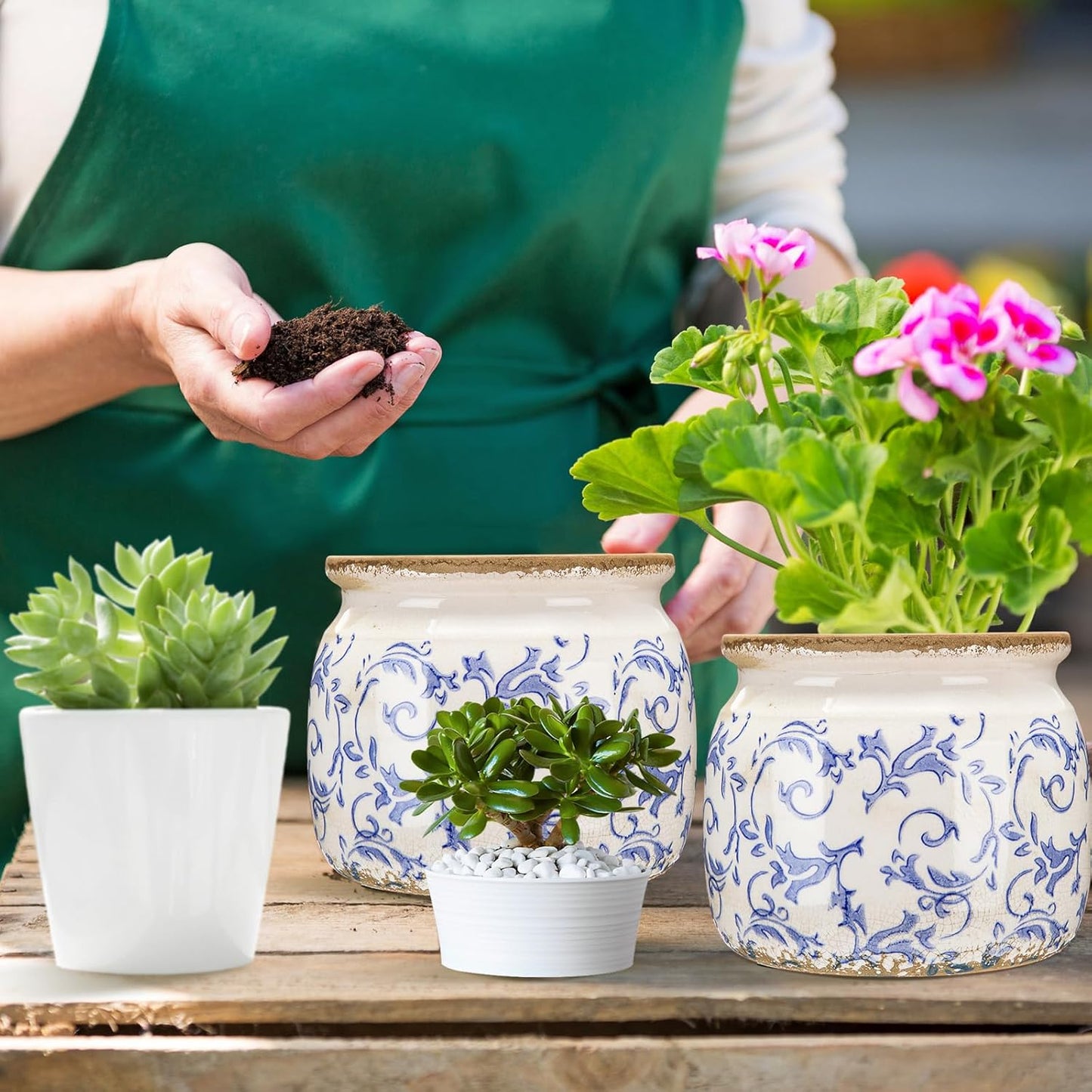 1 Pcs Vintage Planter Large Ceramic Plants Pot Blue Chinoiserie Crack Cottage Scroll Vase Flower Vase Pot Indoor Plants Home Kitchen Decor Farmhouse Antique Decorative Gift