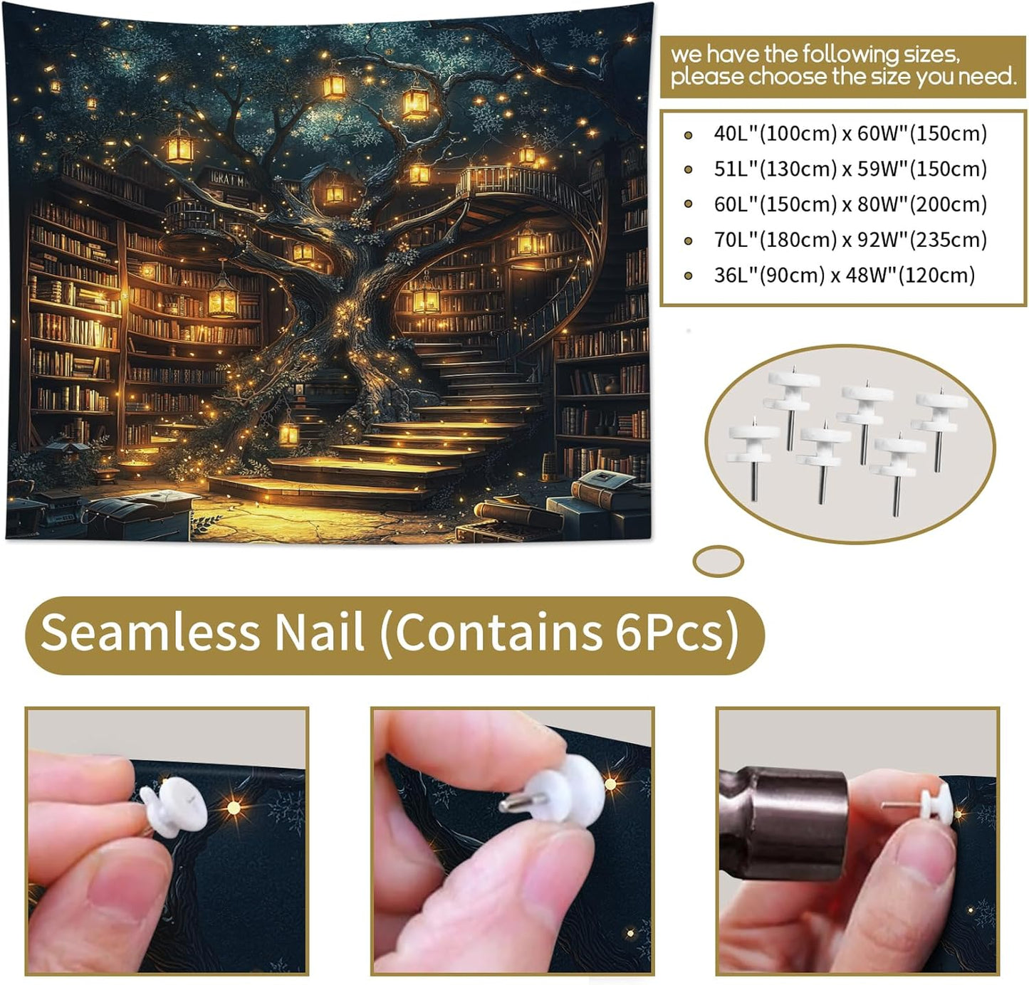 HVEST Fantasy Library Tapestry Fairytale Tree Vintage Bookshelf Tapestry for Bedroom Retro Bookshelf Book Wall Decor for Classroom Study Room College Room Dorm, 40L x 60W Inches